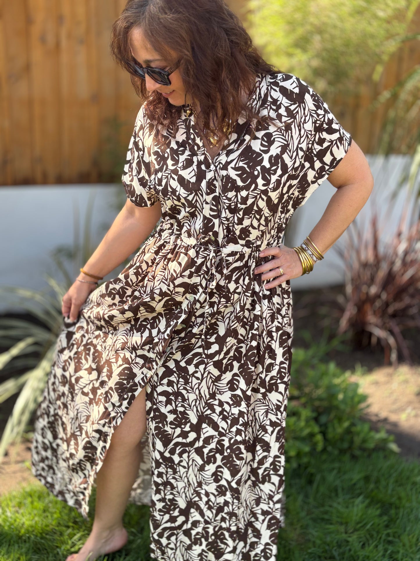 Robe longue tropical chocolat écru