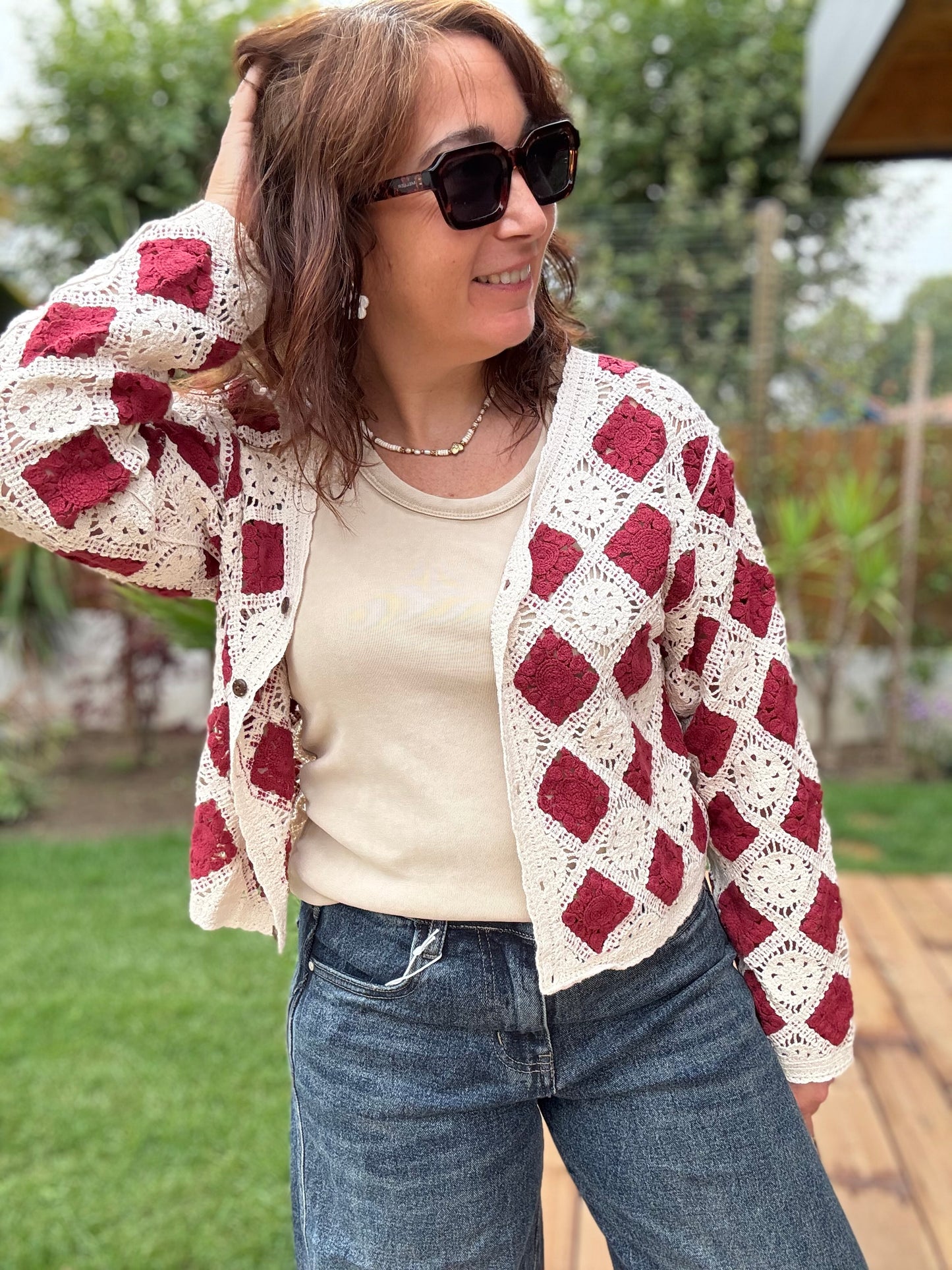 Gilet crochet bordeaux /ecru