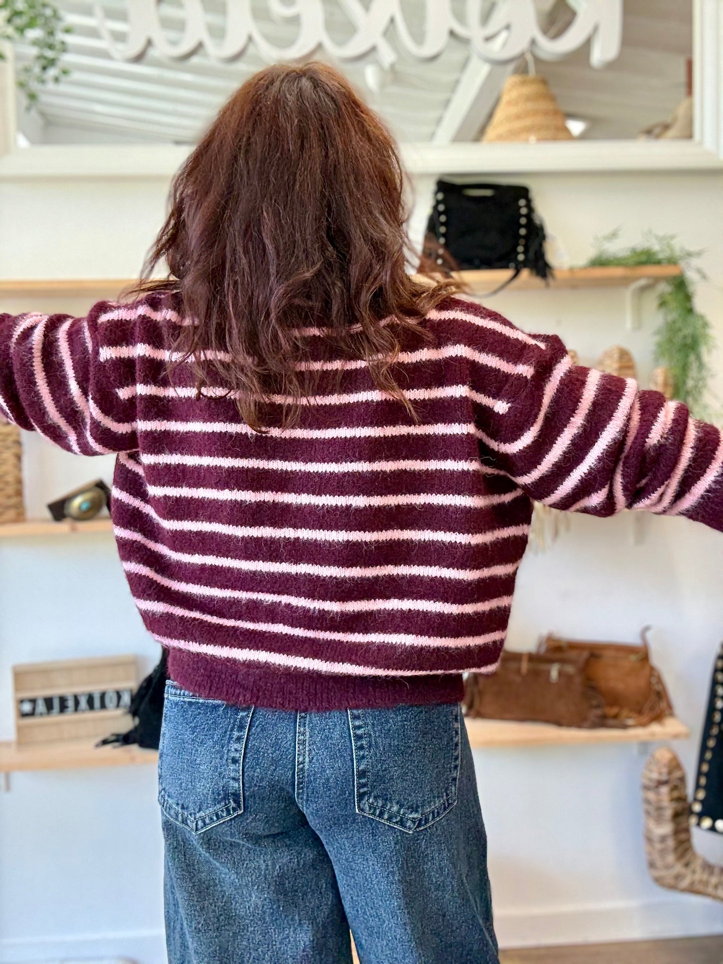 Gilet rayé prune et rose