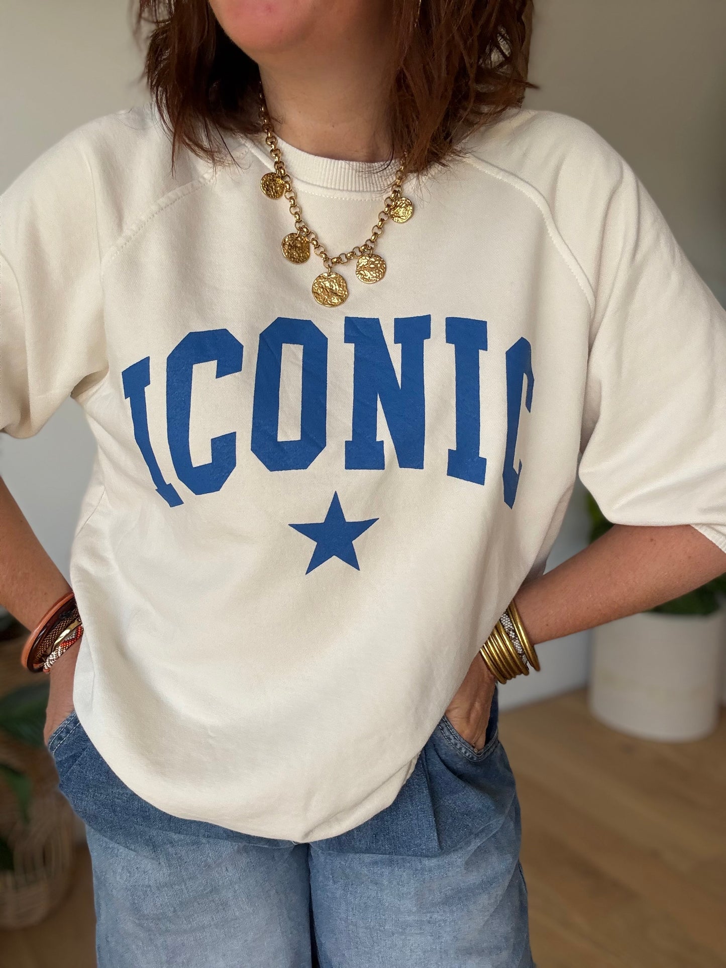 Sweat Iconic manches 3/4 bleu écru