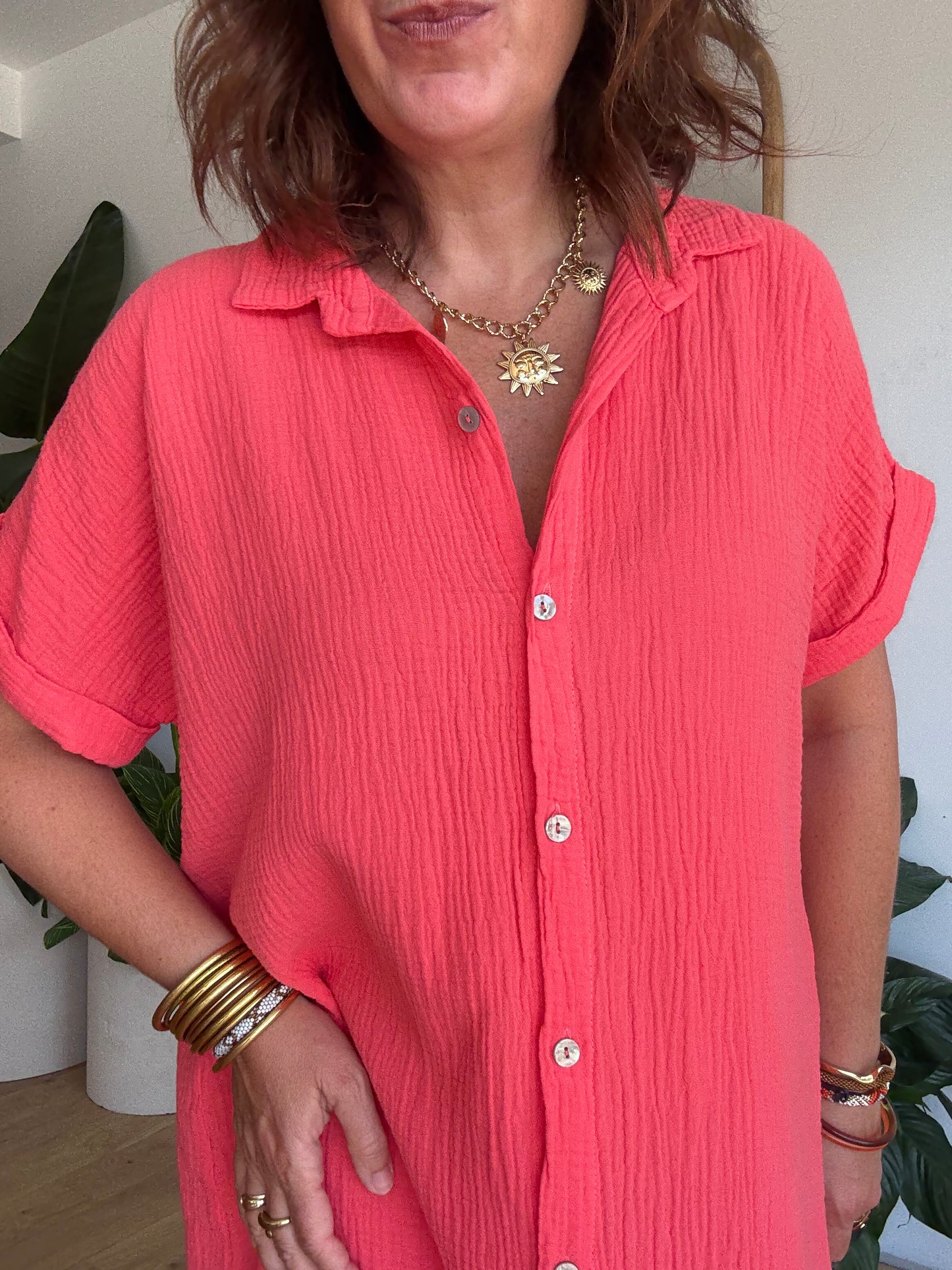 Robe chemise en gaze de coton corail
