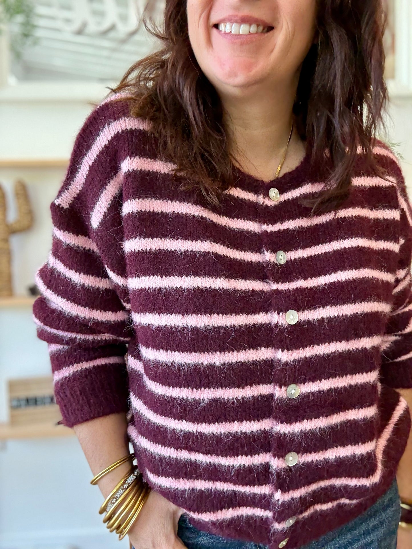 Gilet rayé prune et rose