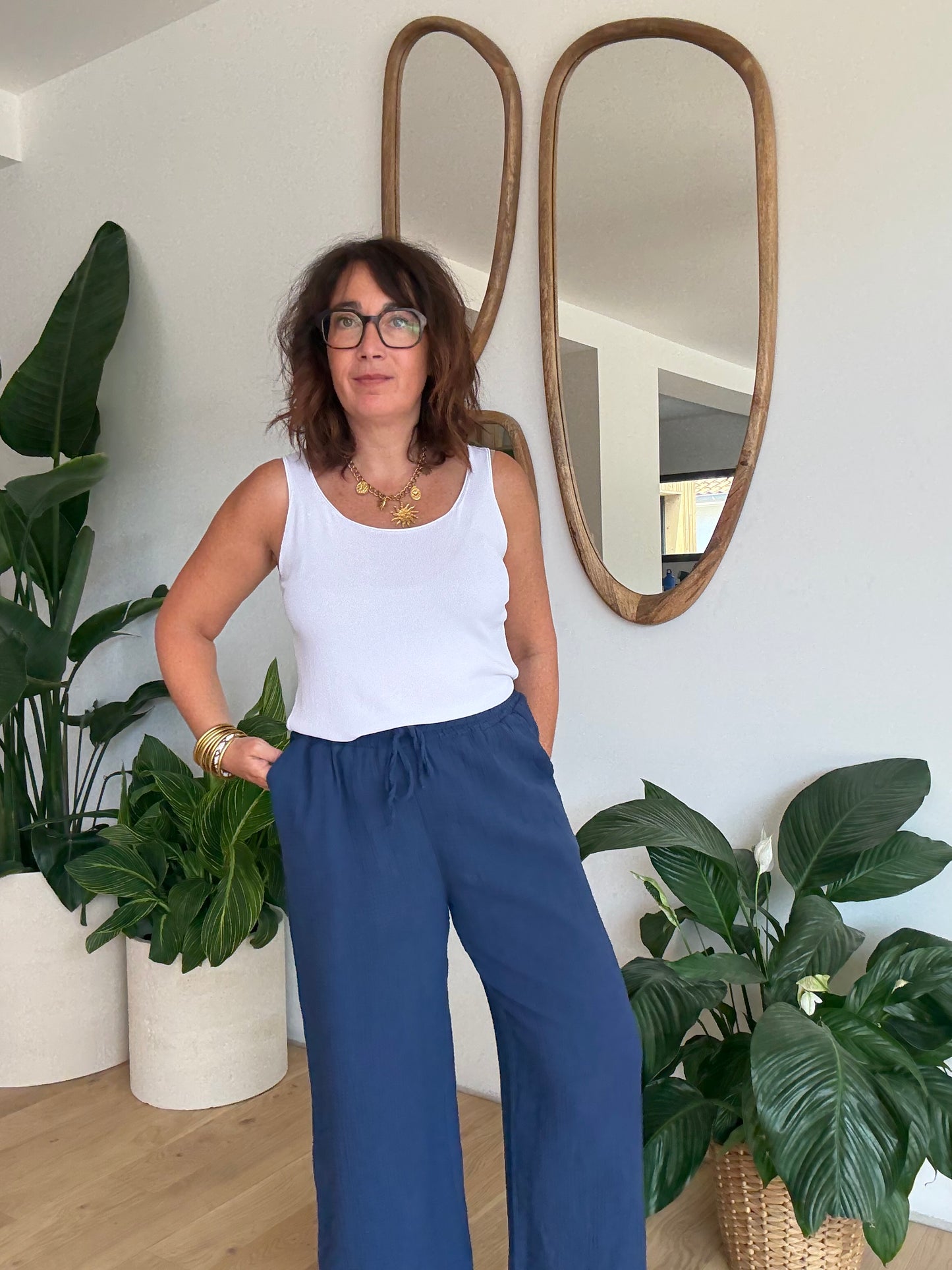 Pantalon palazzo gaze de coton marine