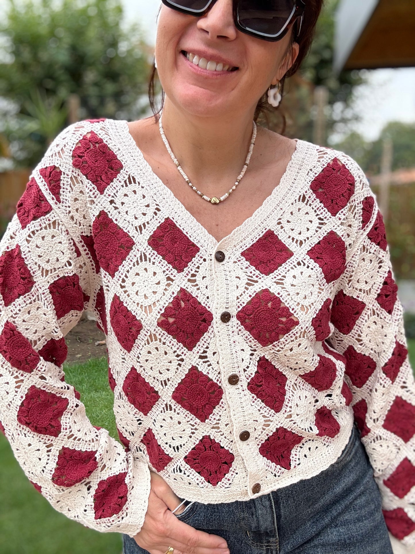 Gilet crochet bordeaux /ecru
