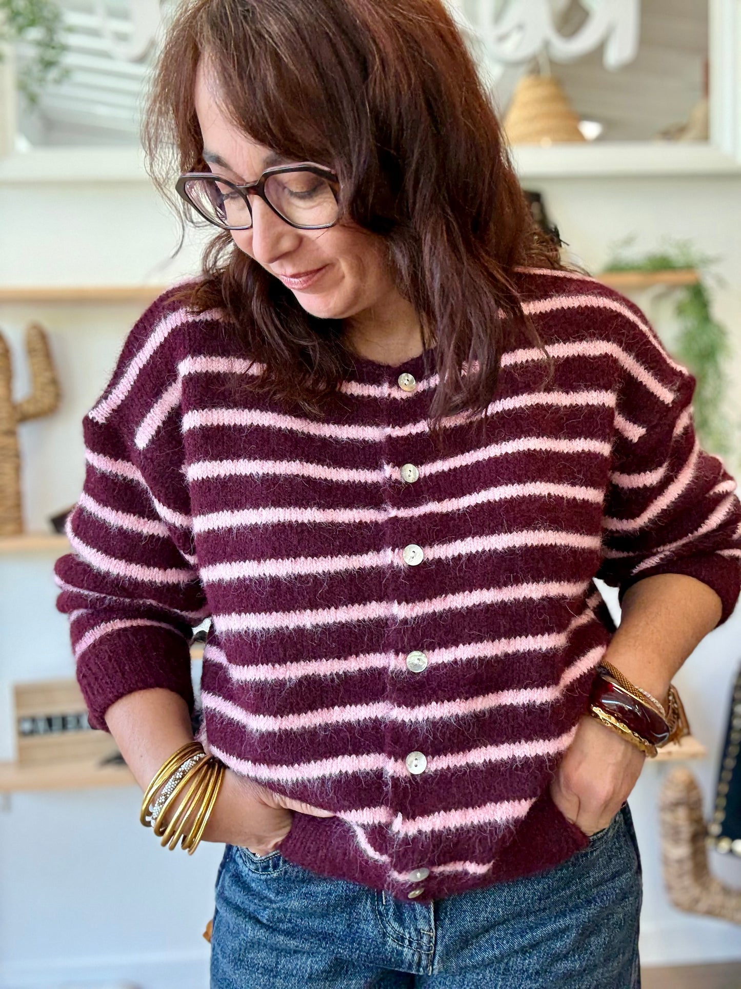 Gilet rayé prune et rose