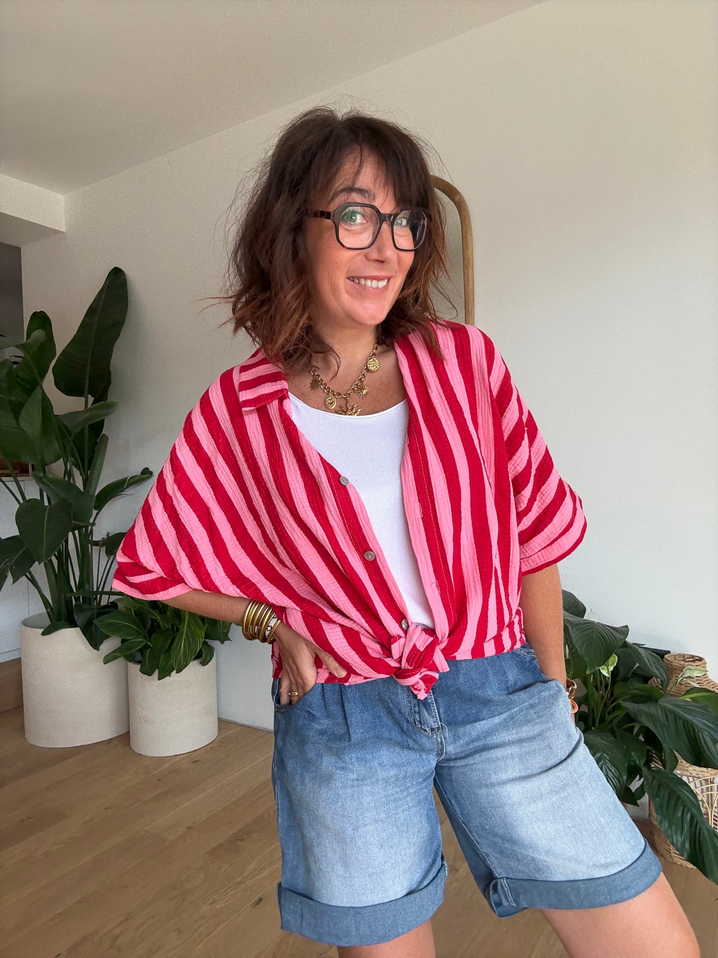 Chemise Rayée Gaze de Coton Rose & Rouge