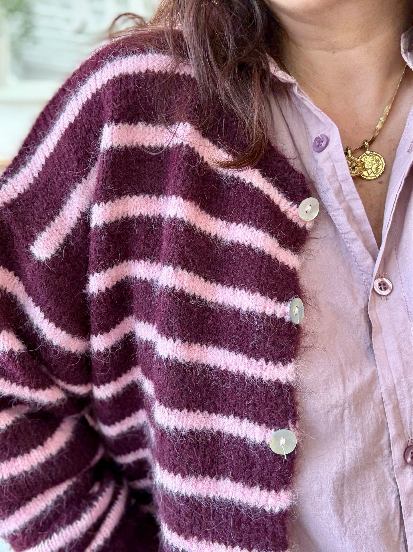 Gilet rayé prune et rose