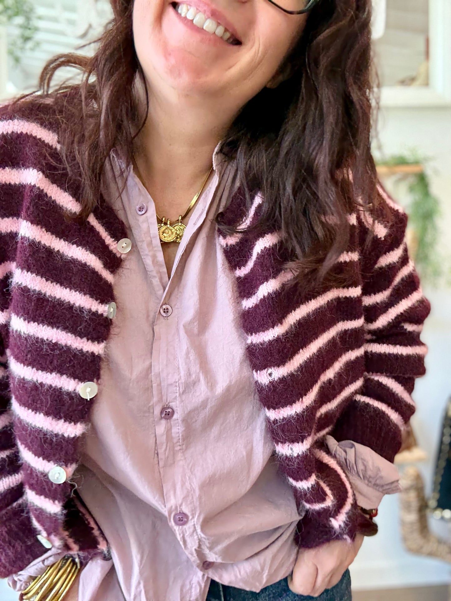 Gilet rayé prune et rose