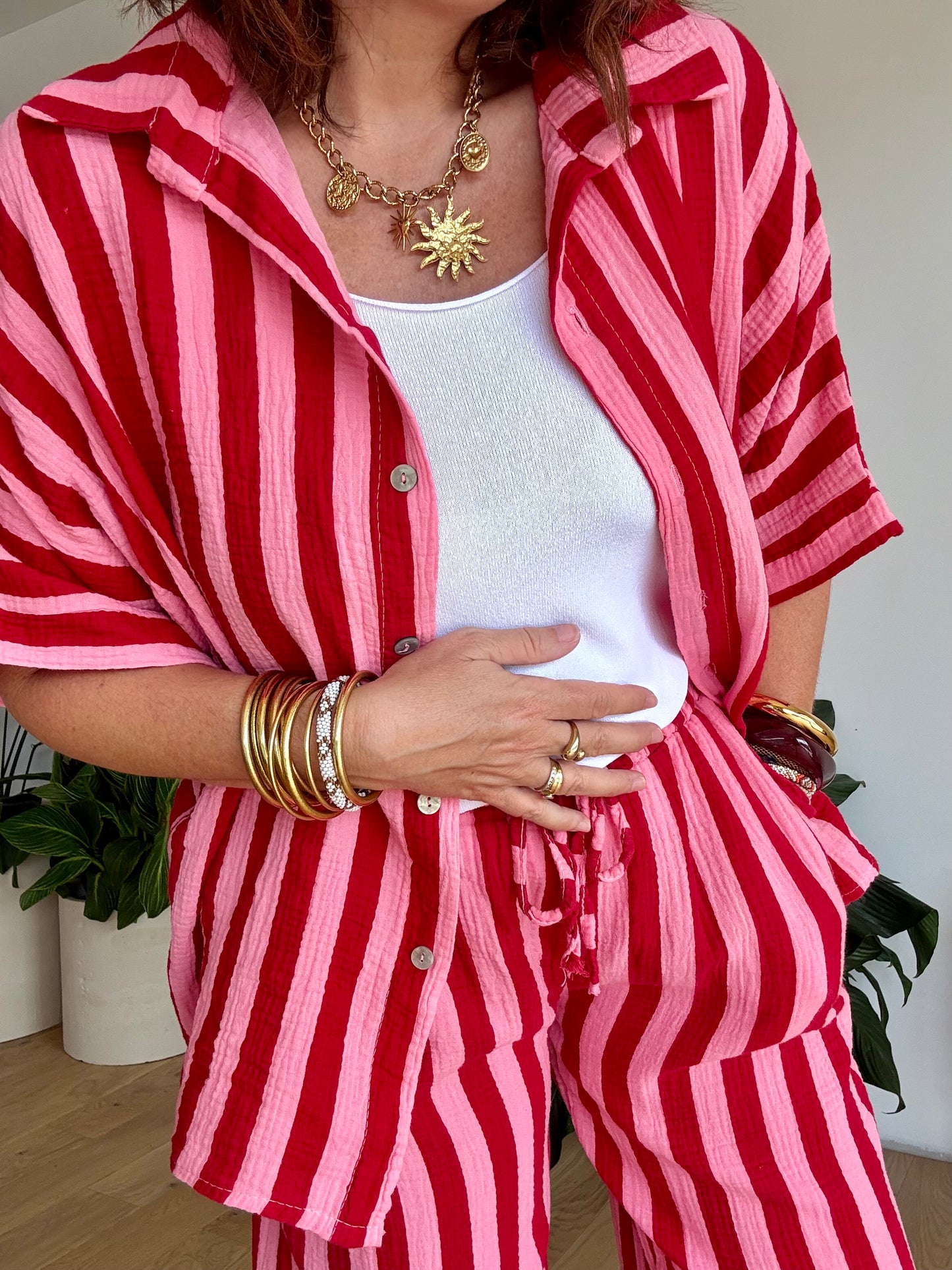 Pantalon rayé en gaze de coton rose &rouge