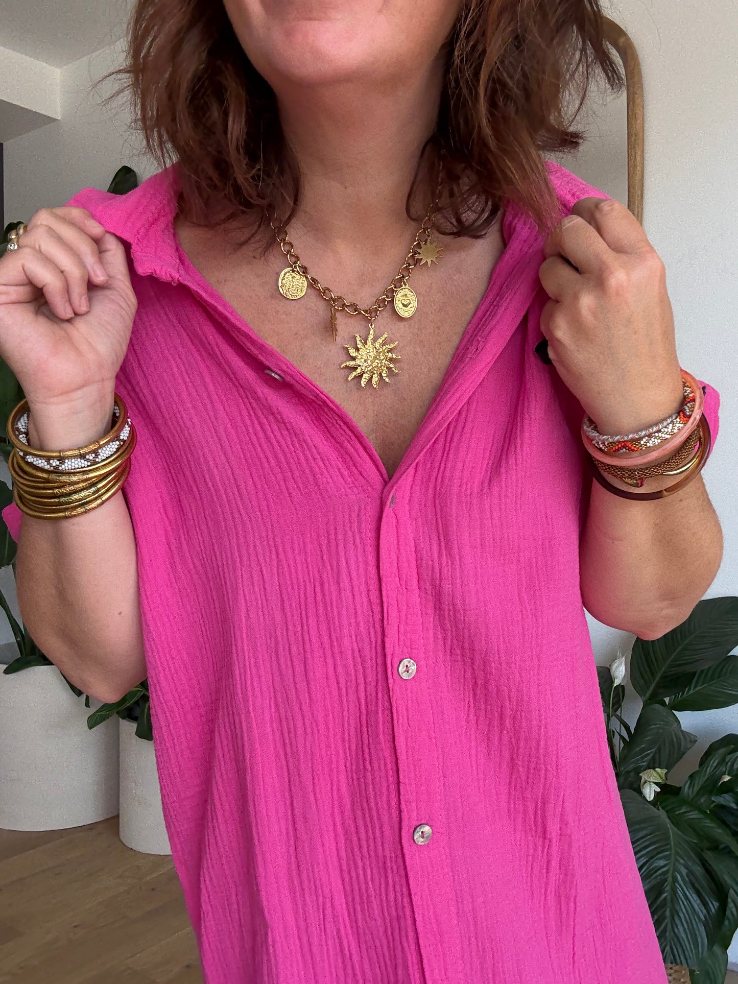 Robe chemise en gaze de coton fuchsiađź©·