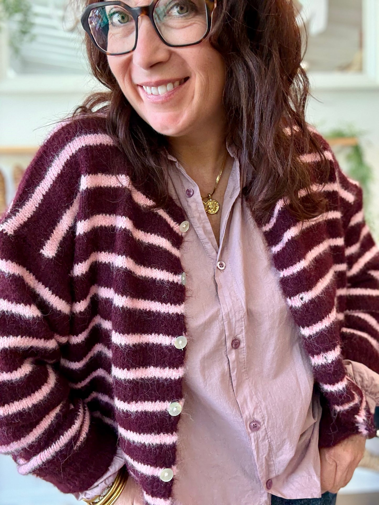 Gilet rayé prune et rose