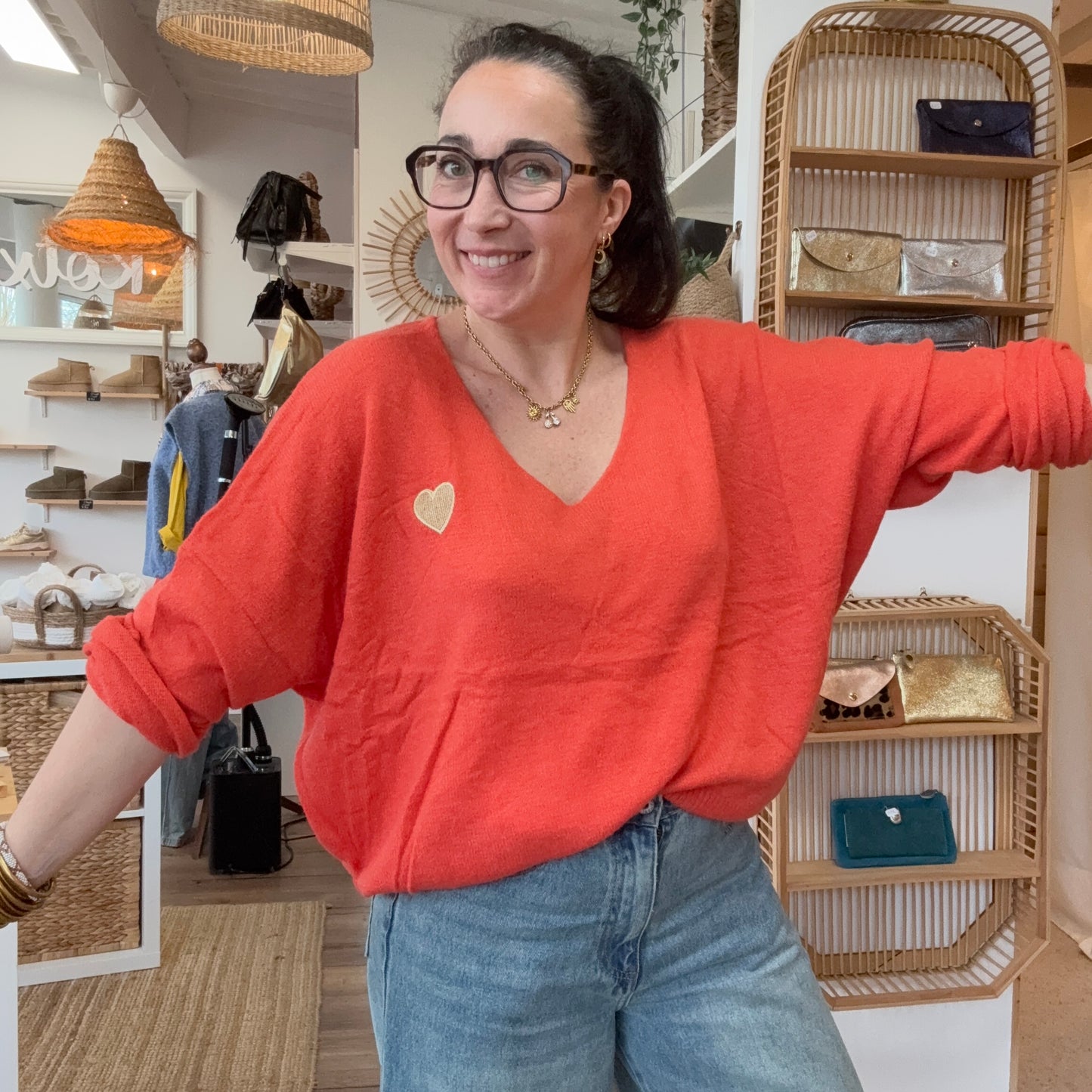 Pull coeur maille fine Orange