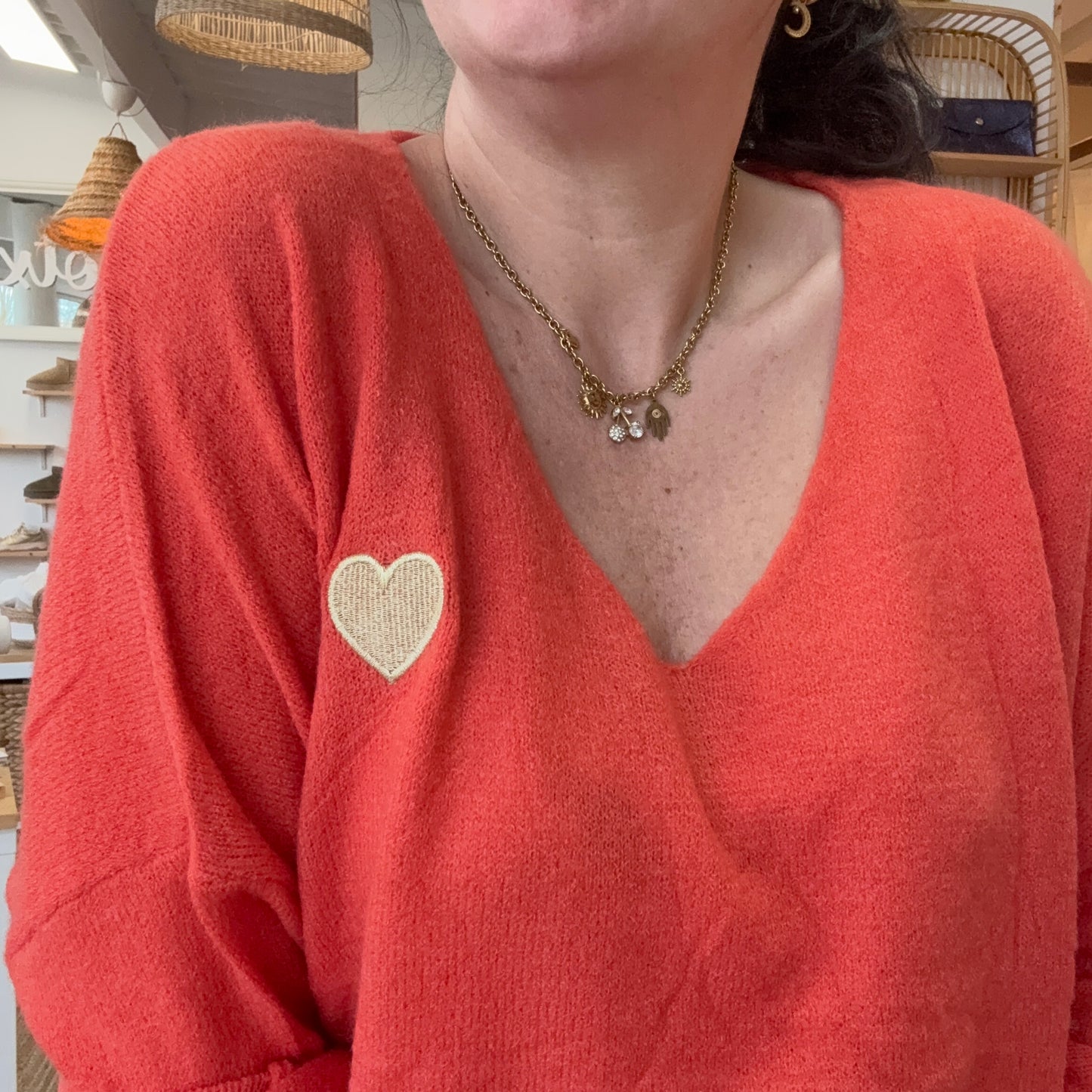 Pull coeur maille fine Orange