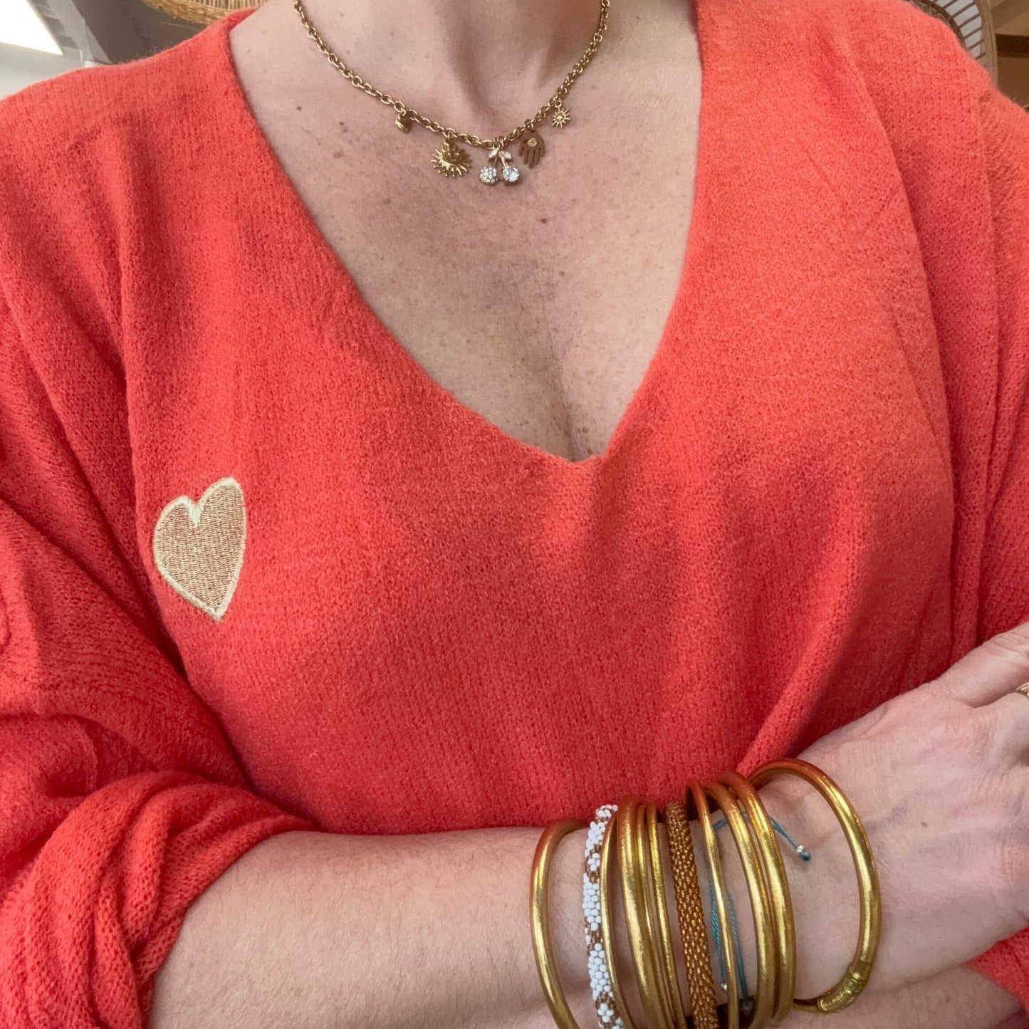 Pull coeur maille fine Orange