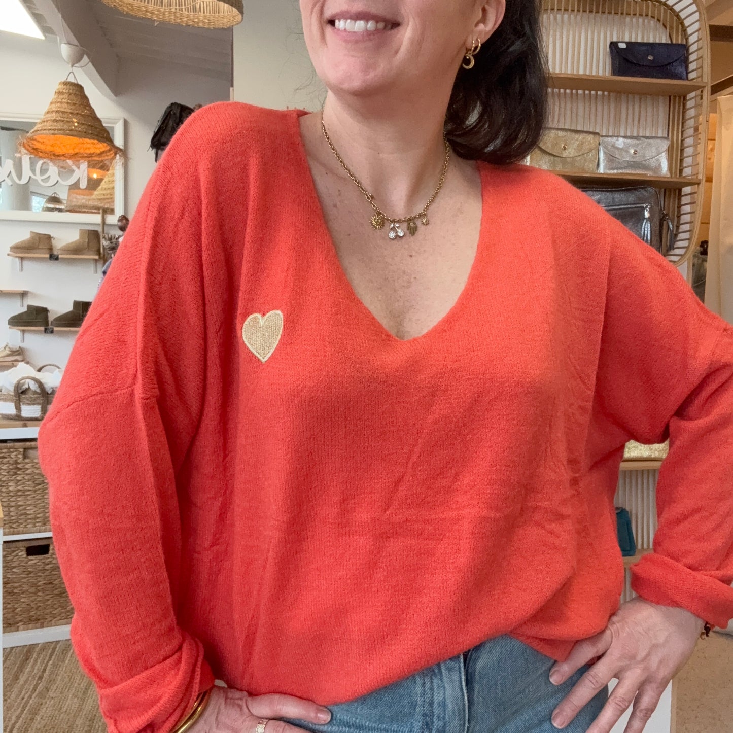 Pull coeur maille fine Orange
