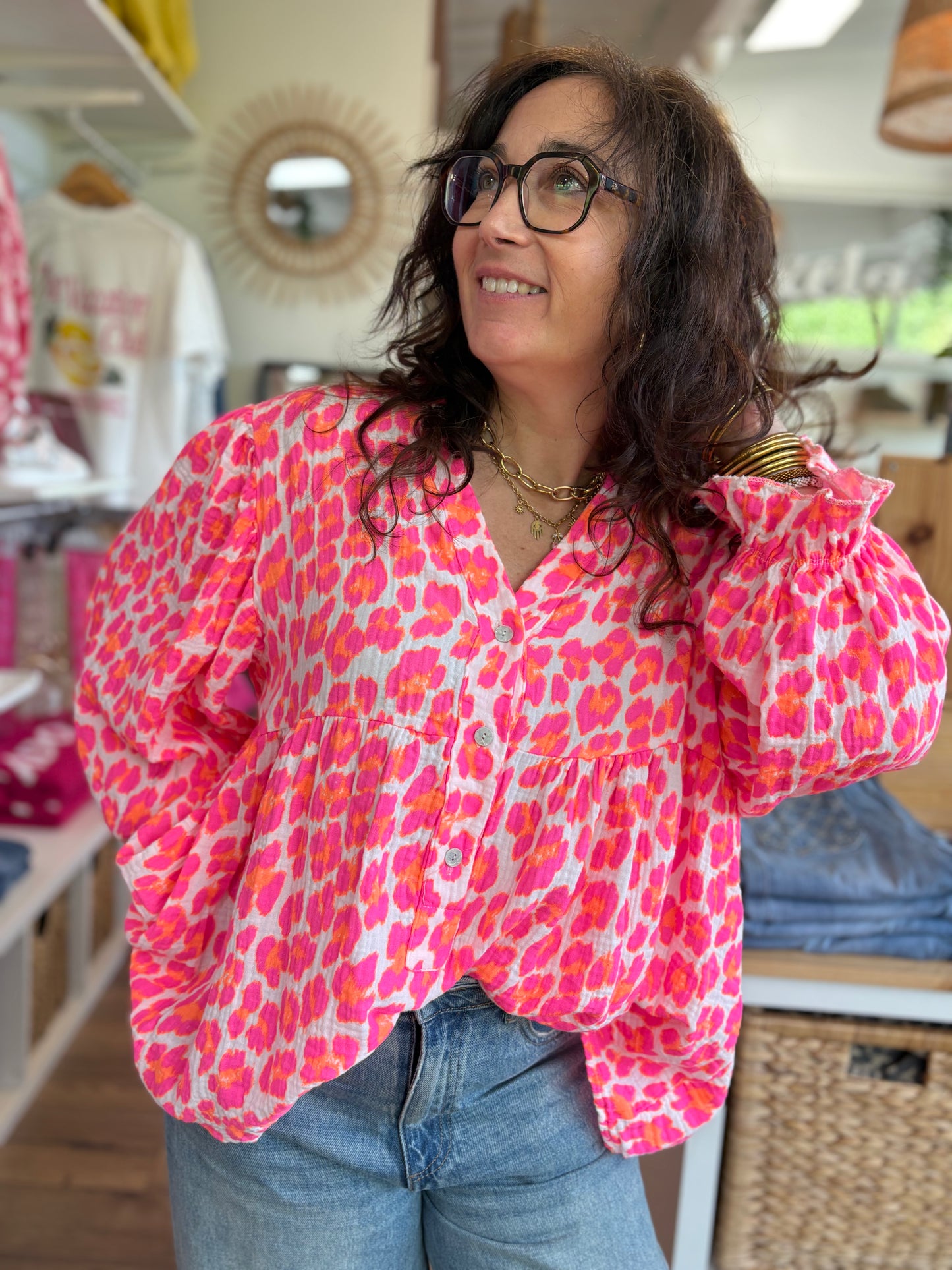 Blouse Leo Rose et orange Fluo
