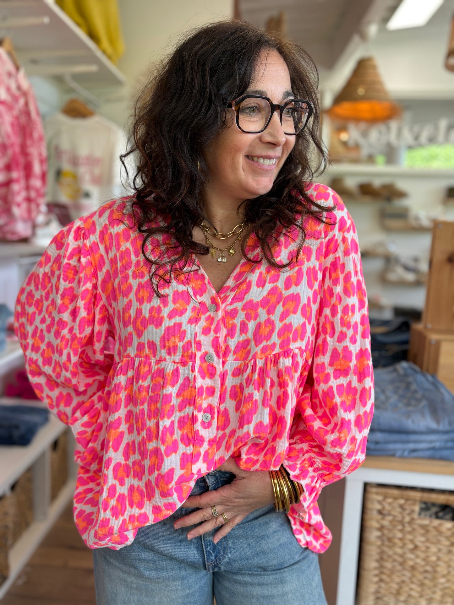 Blouse Leo Rose et orange Fluo