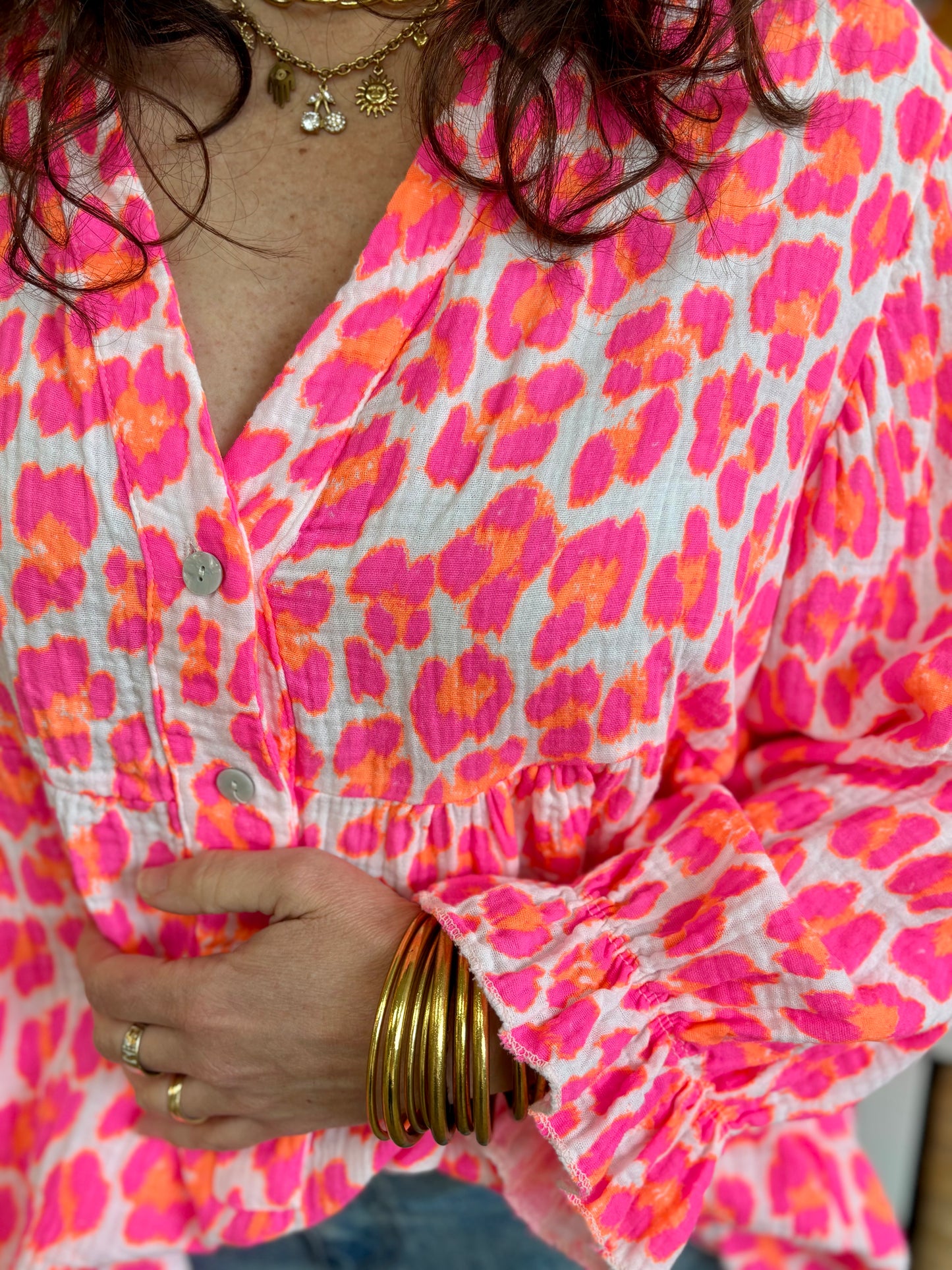Blouse Leo Rose et orange Fluo