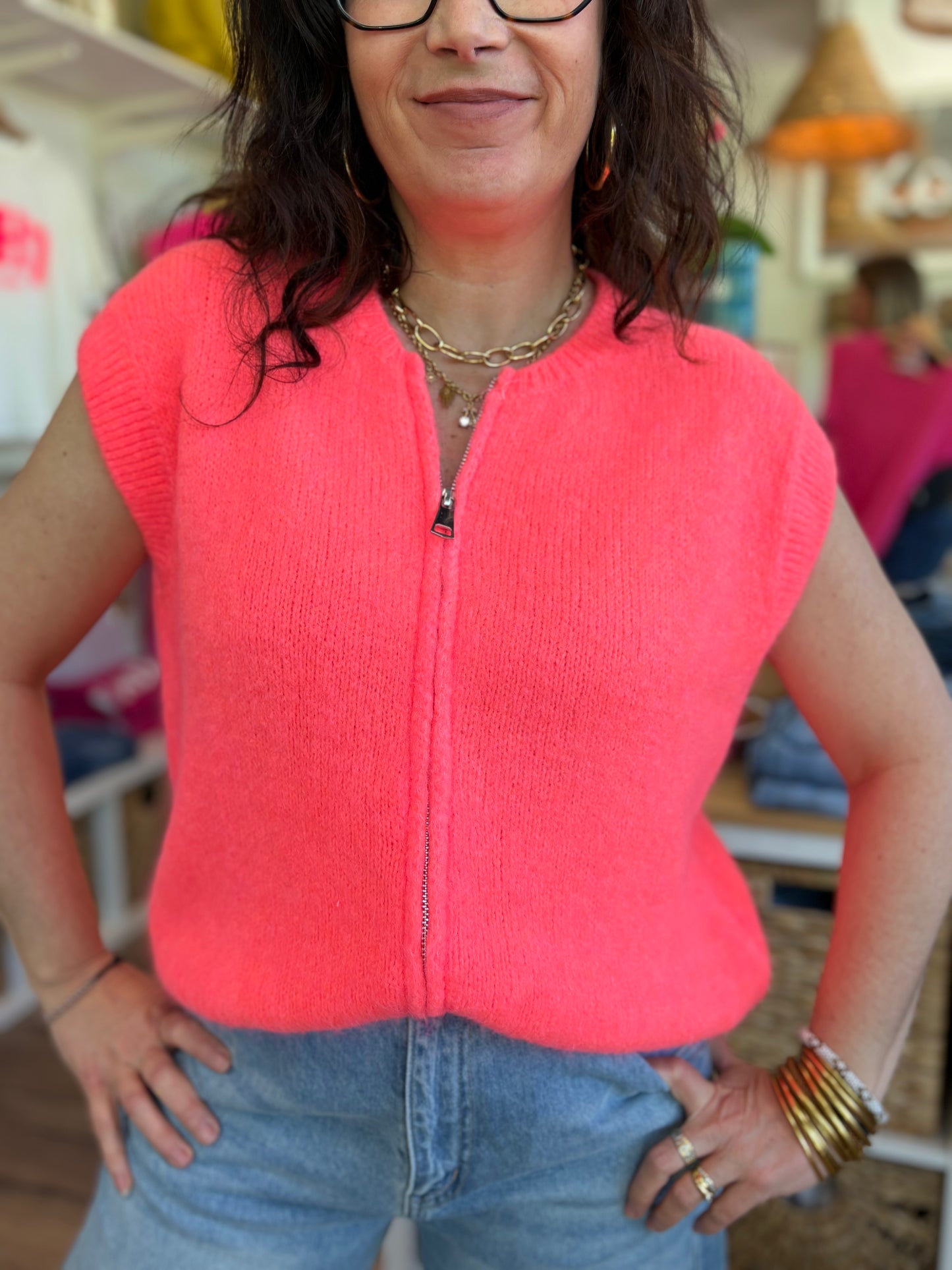 Gilet zippé sans manches corail fluo