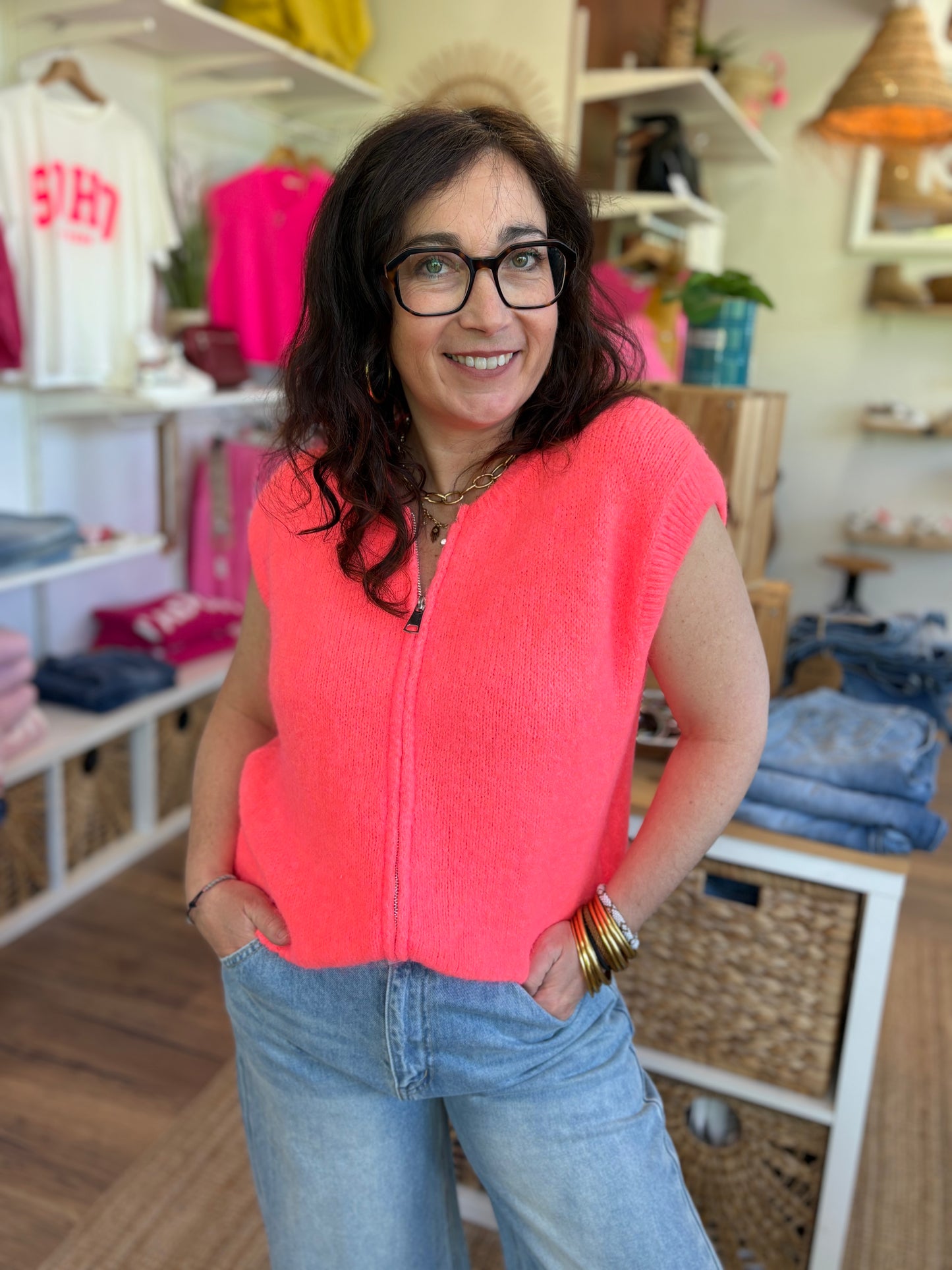 Gilet zippé sans manches corail fluo