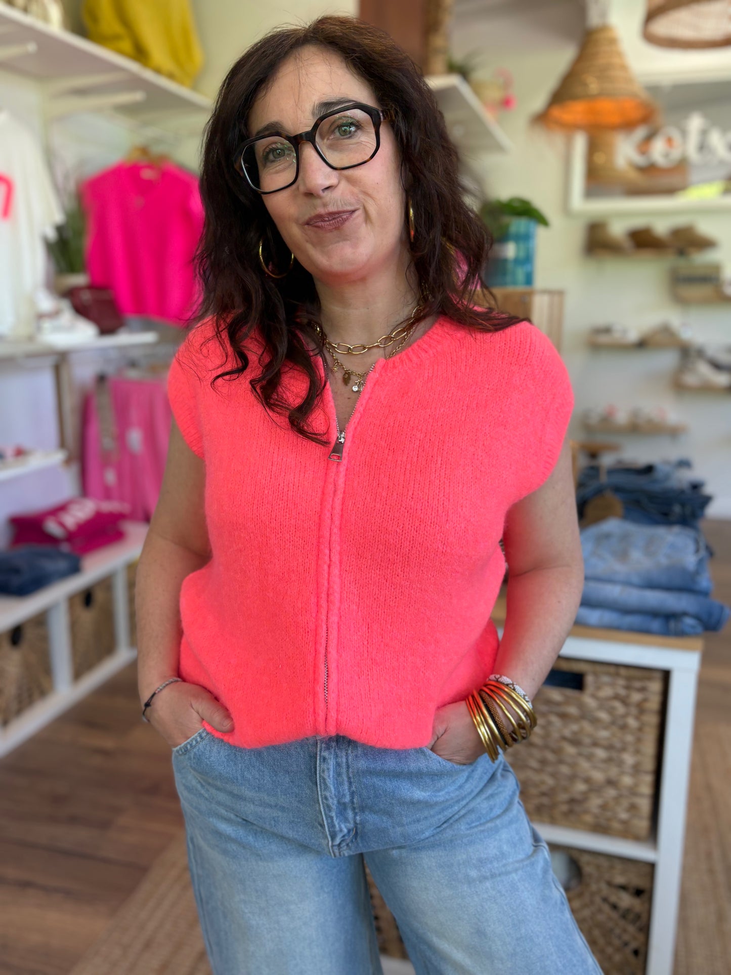 Gilet zippé sans manches corail fluo