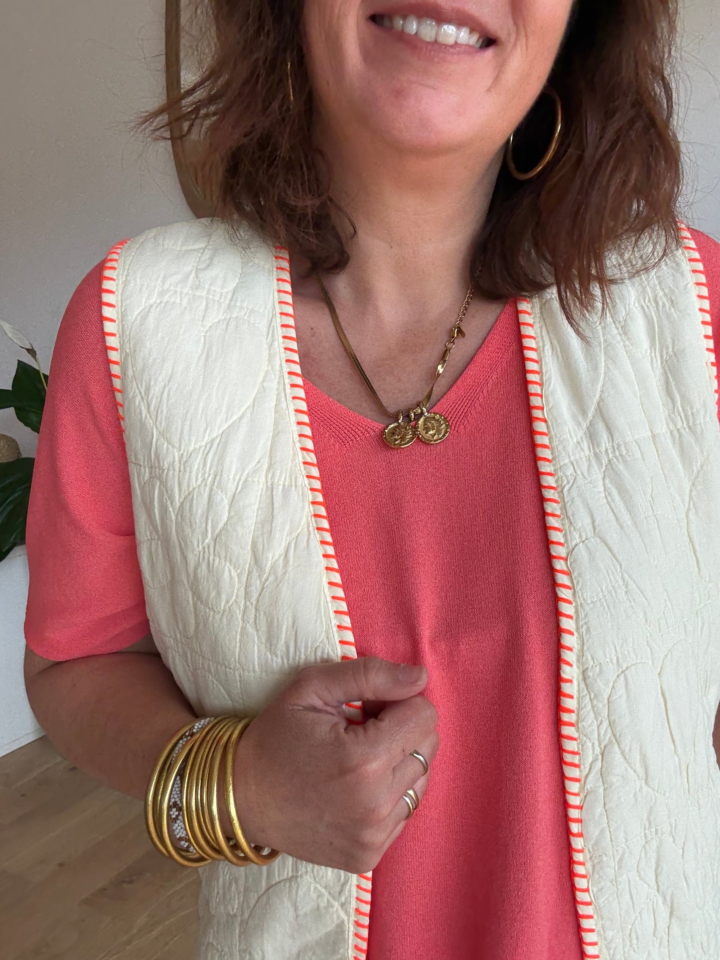 Veste sans manches matelassé écru /corail
