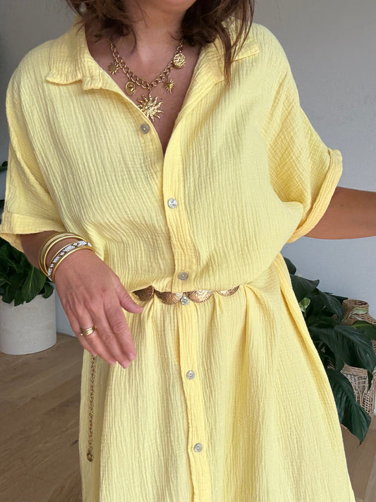 Robe chemise gaze de coton jaune