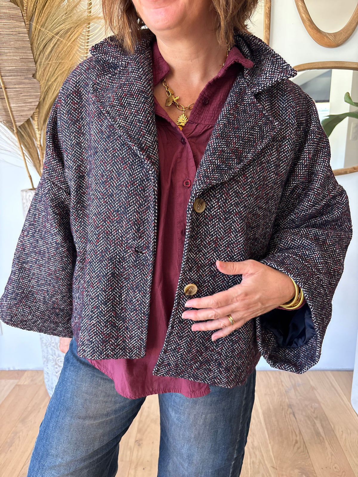Veste tweed Charlie Marine chiné Bordeaux