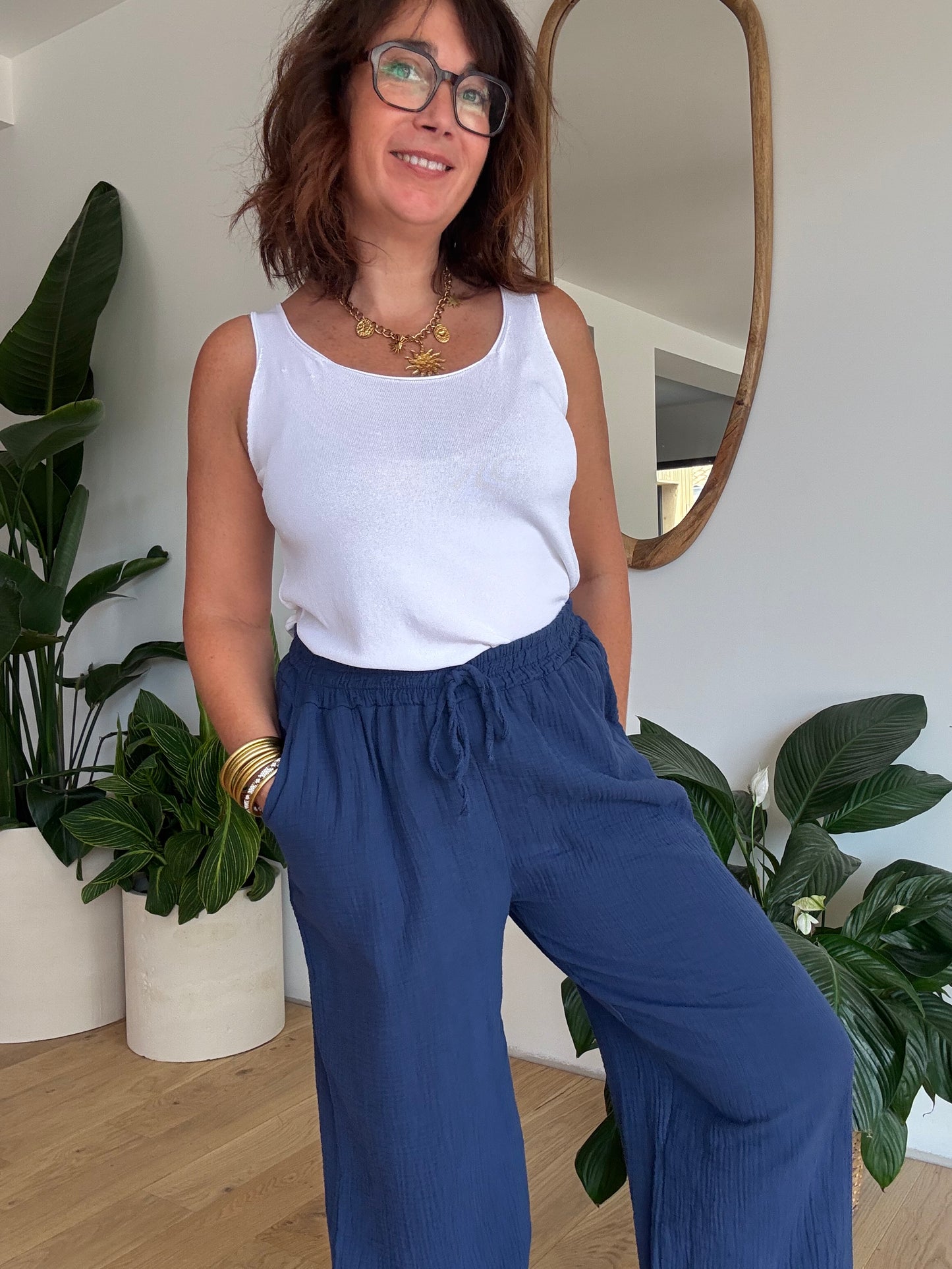 Pantalon palazzo gaze de coton marine