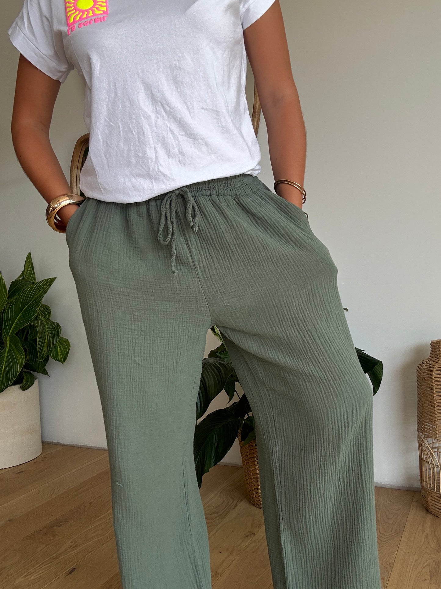 Pantalon palazzo gaze de coton kaki