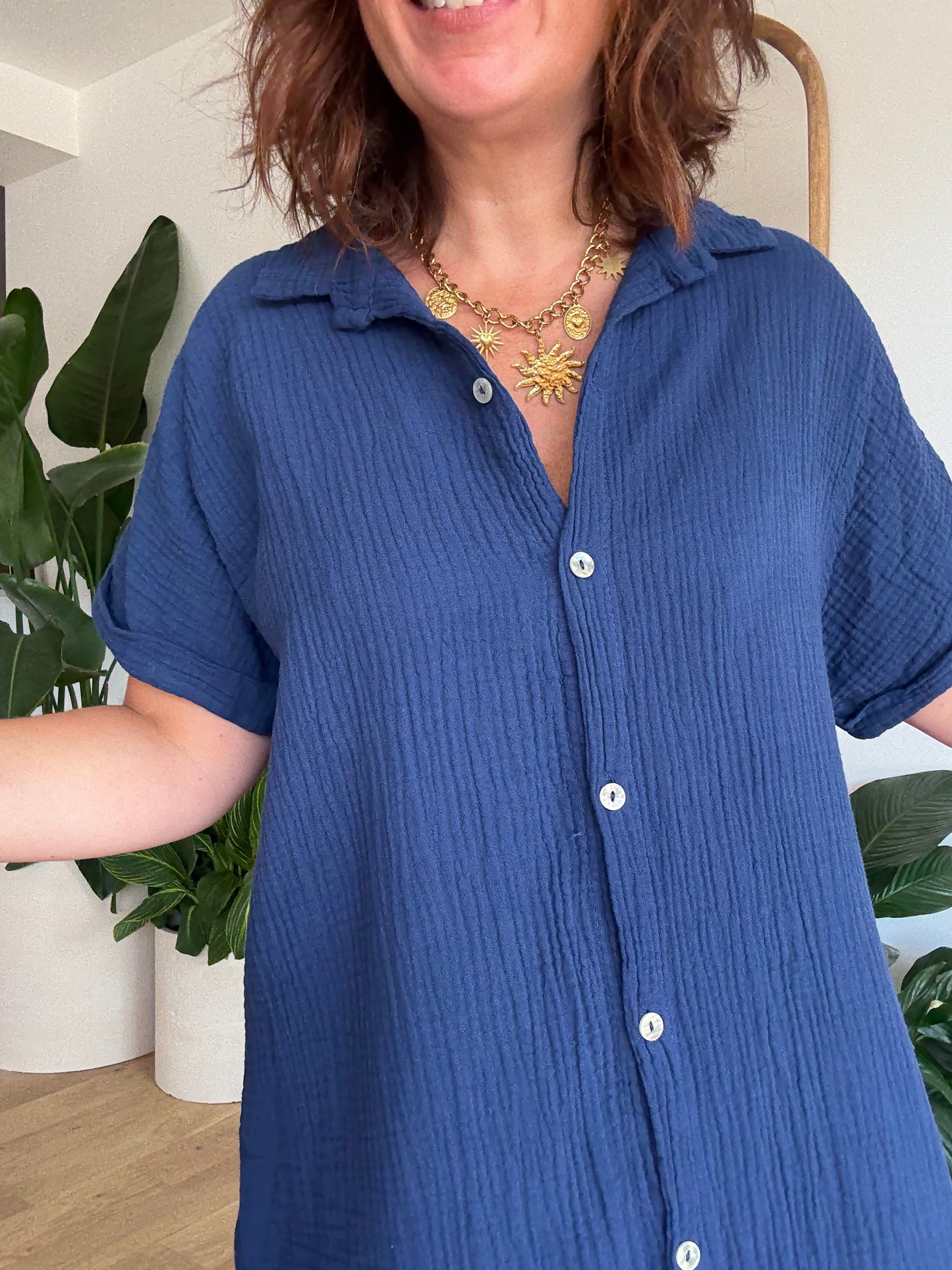Robe chemise en gaze de coton Marine