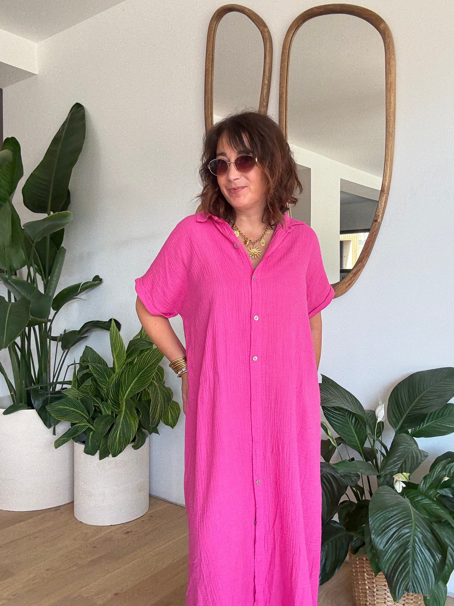 Robe chemise en gaze de coton fuchsia🩷