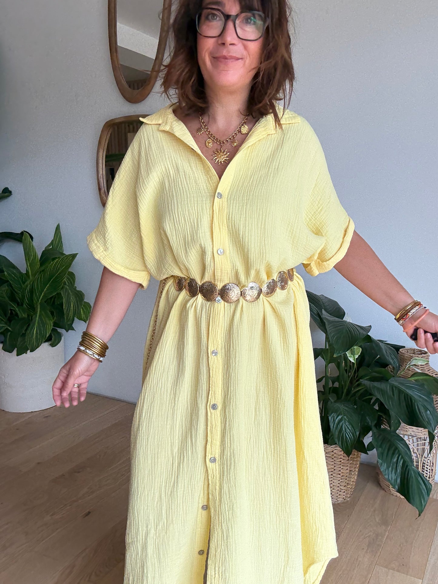 Robe chemise gaze de coton jaune