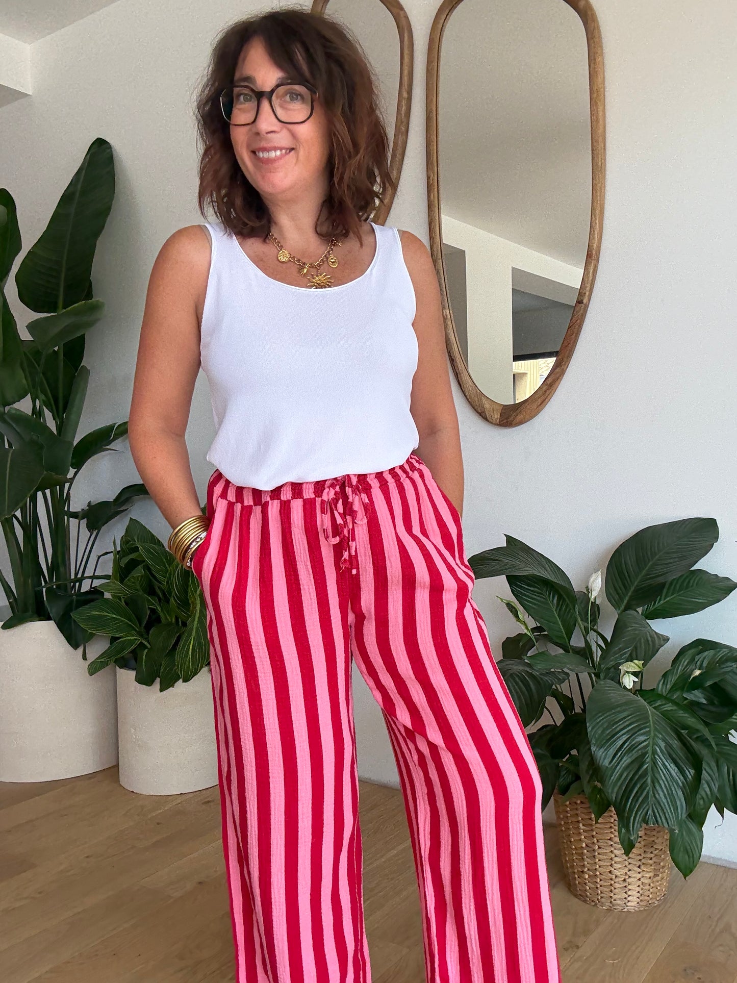Pantalon rayé en gaze de coton rose &rouge