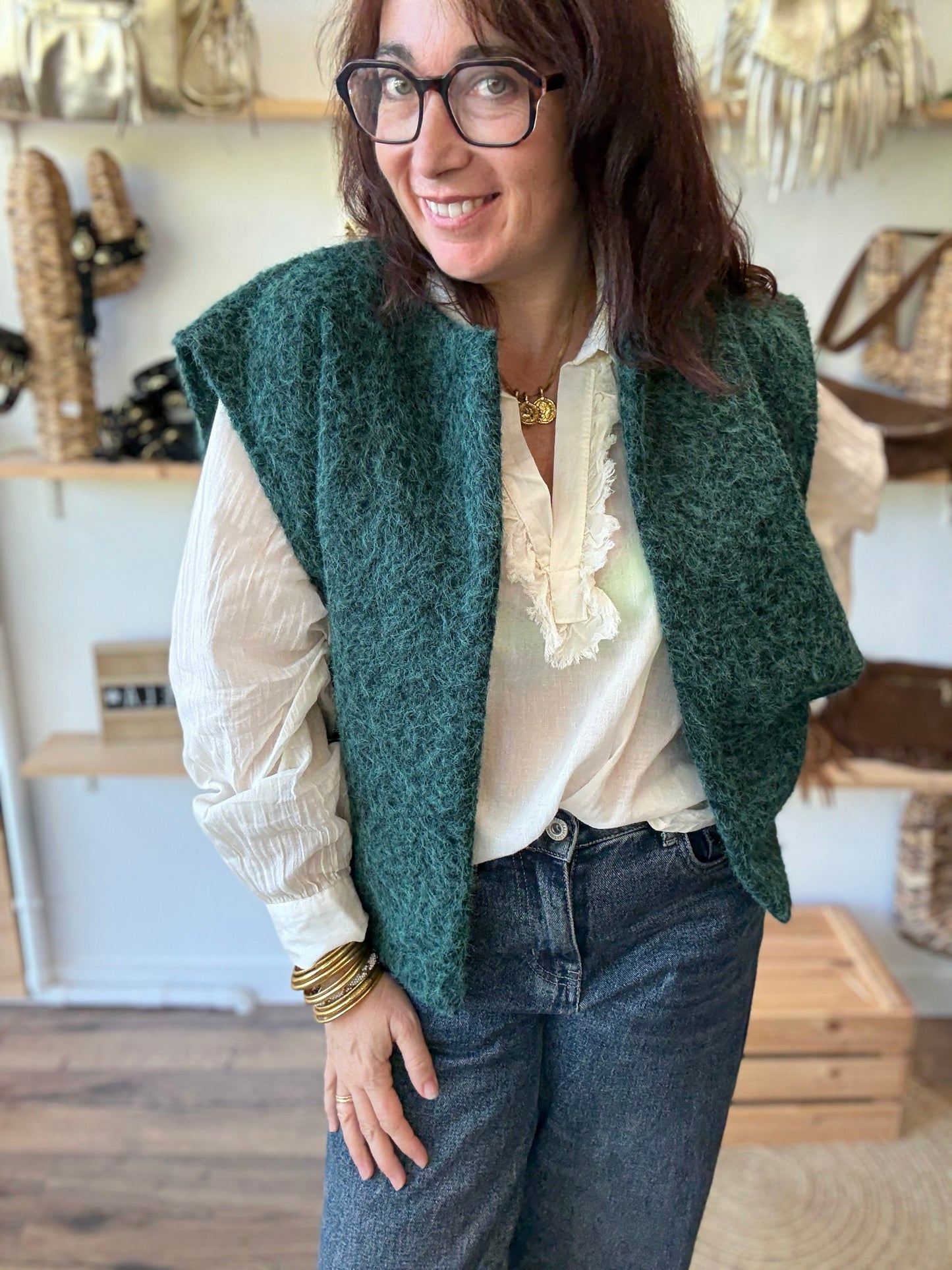 Veste sans manches effet laine bouillie vert sapin