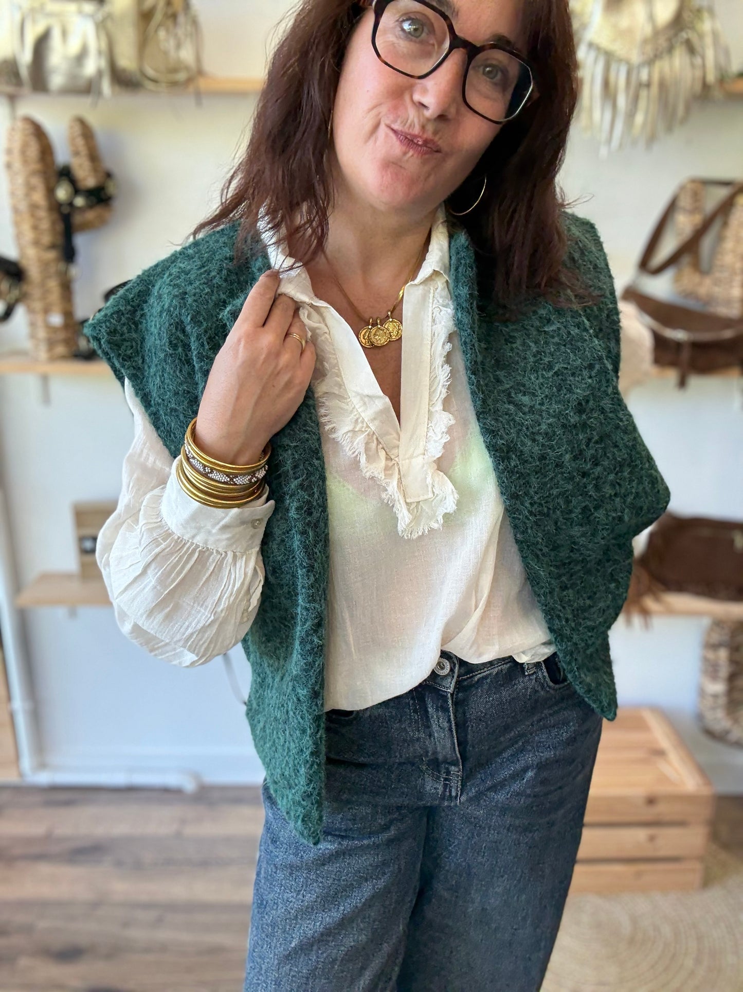 Veste sans manches effet laine bouillie vert sapin