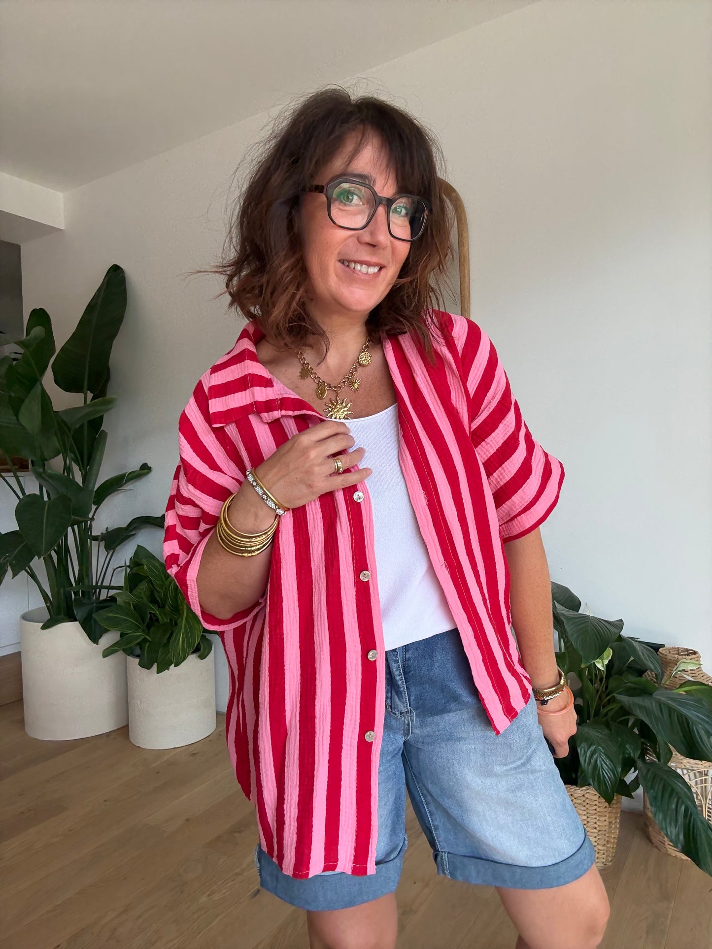 Chemise Rayée Gaze de Coton Rose & Rouge