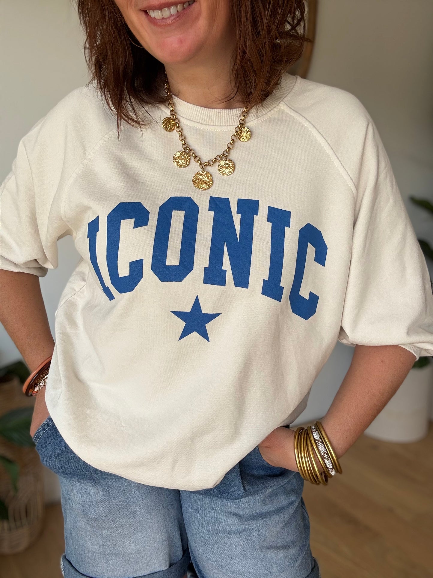 Sweat Iconic manches 3/4 bleu écru
