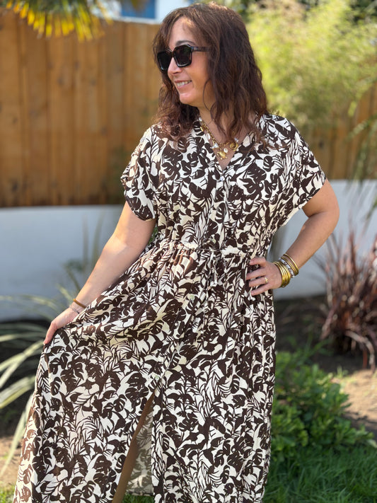 Robe longue tropical chocolat écru