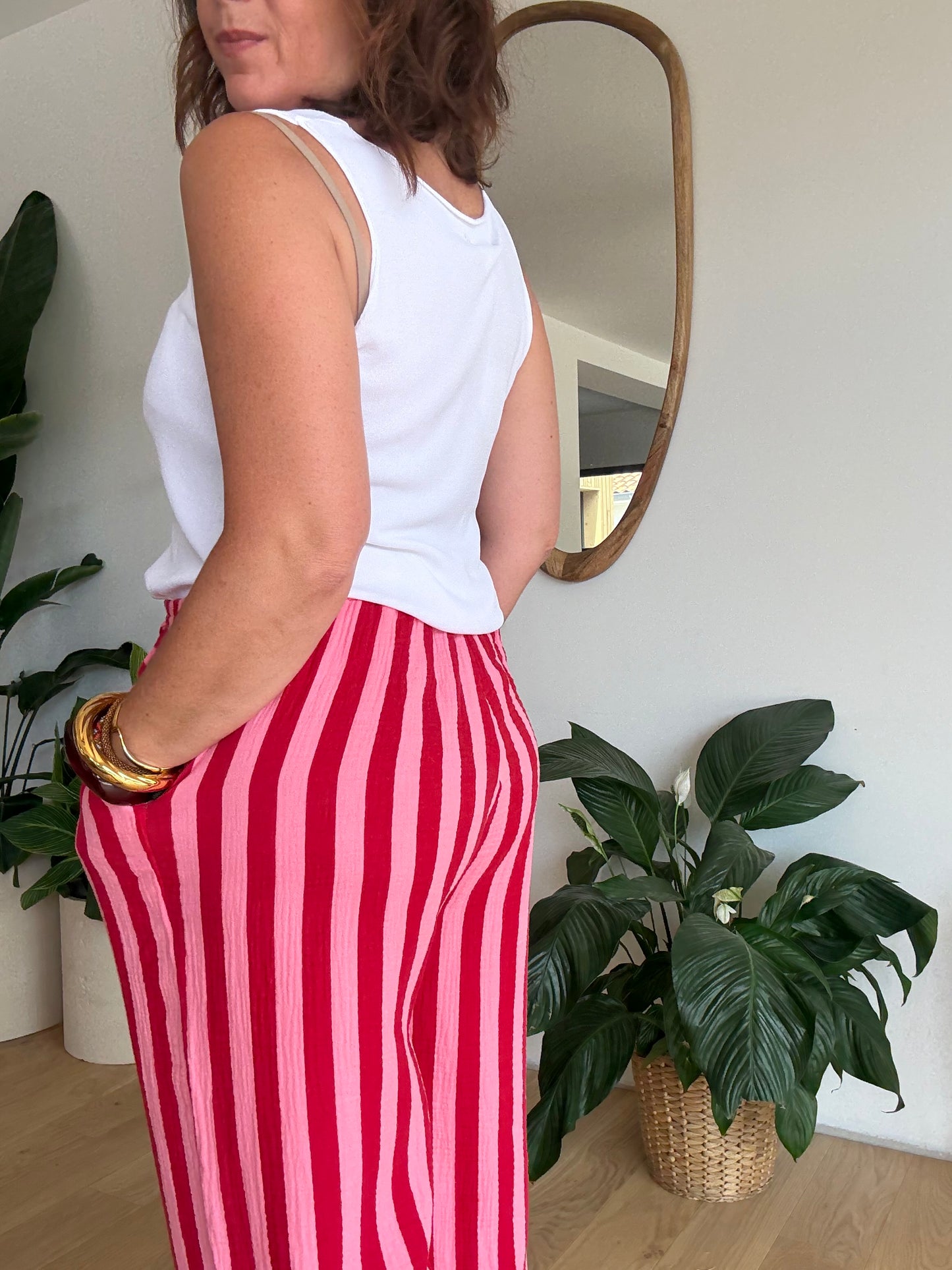 Pantalon rayé en gaze de coton rose &rouge