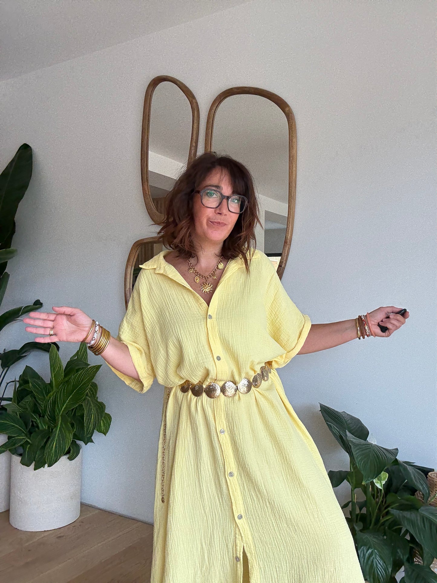 Robe chemise gaze de coton jaune