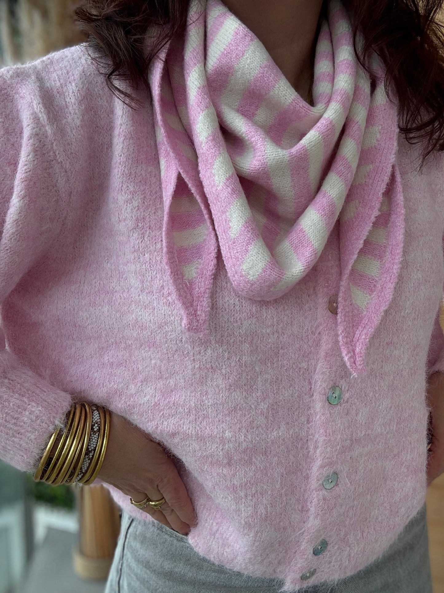 Foulard écharpe triangle Bonny rose et écru