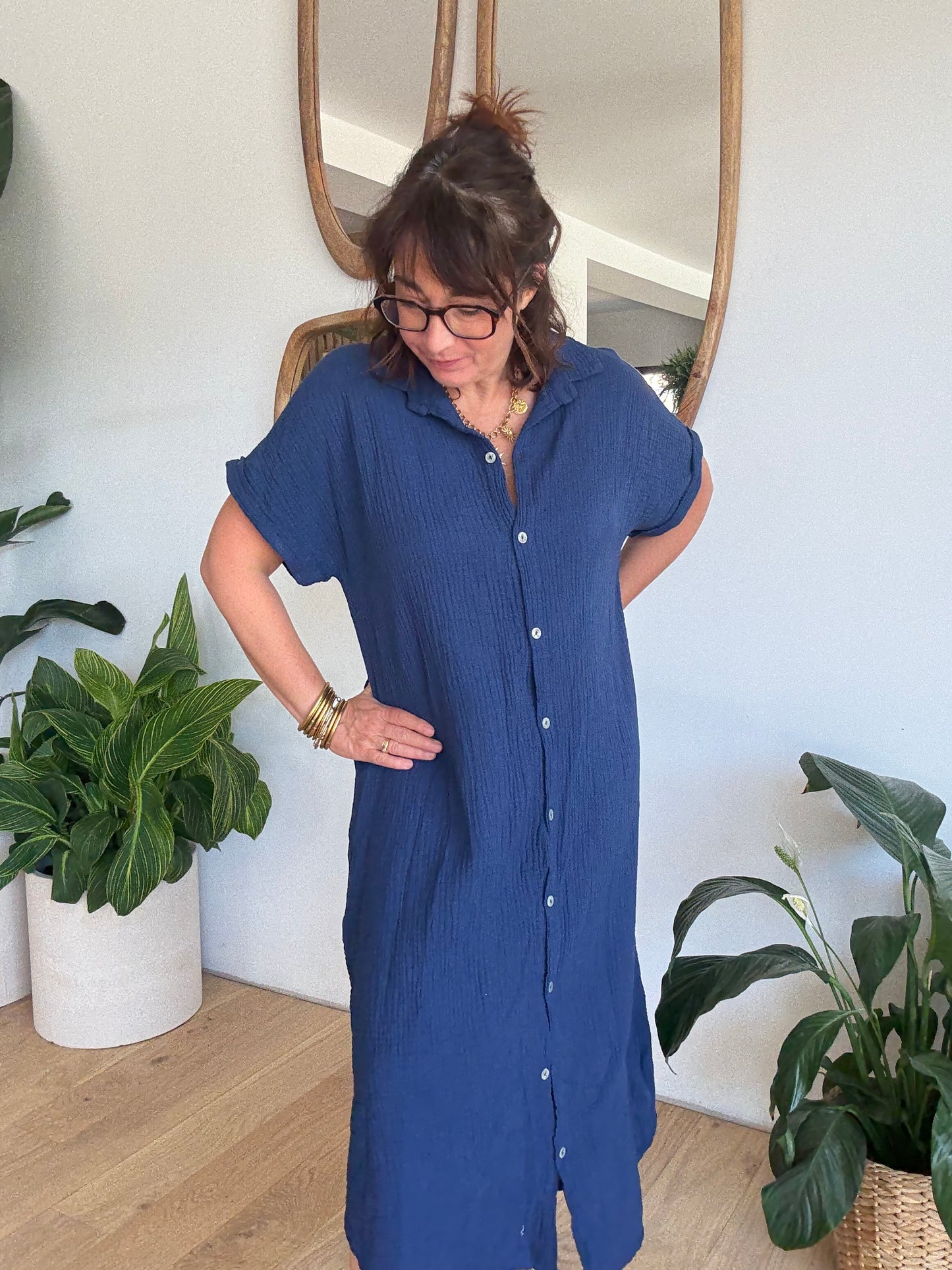 Robe chemise en gaze de coton Marine