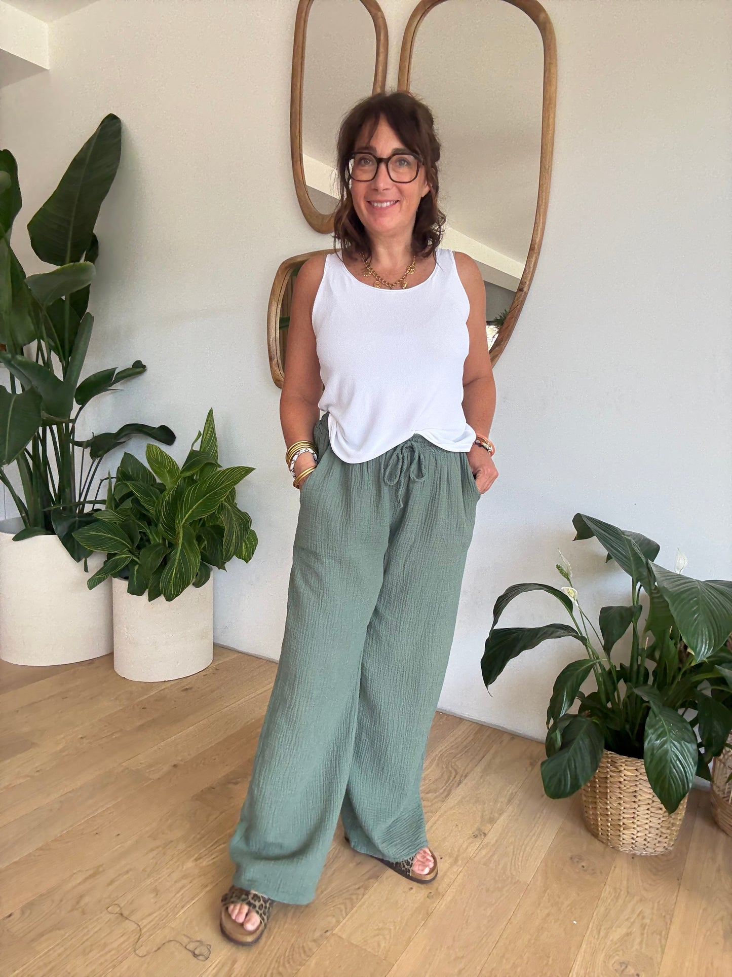 Pantalon palazzo gaze de coton kaki
