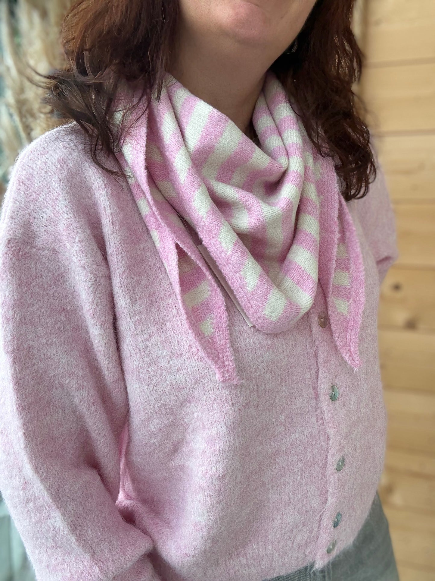 Foulard écharpe triangle Bonny rose et écru