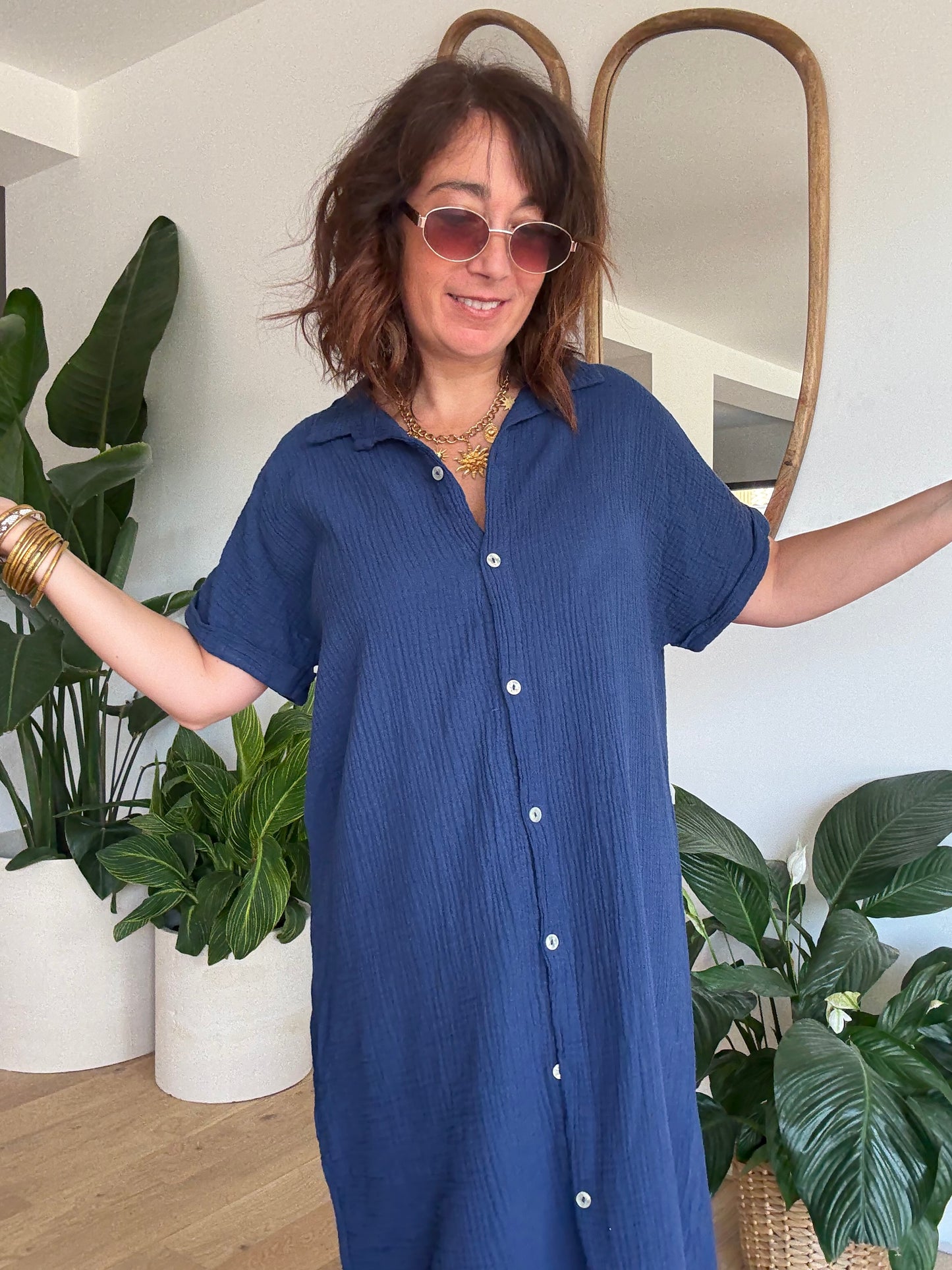 Robe chemise en gaze de coton Marine