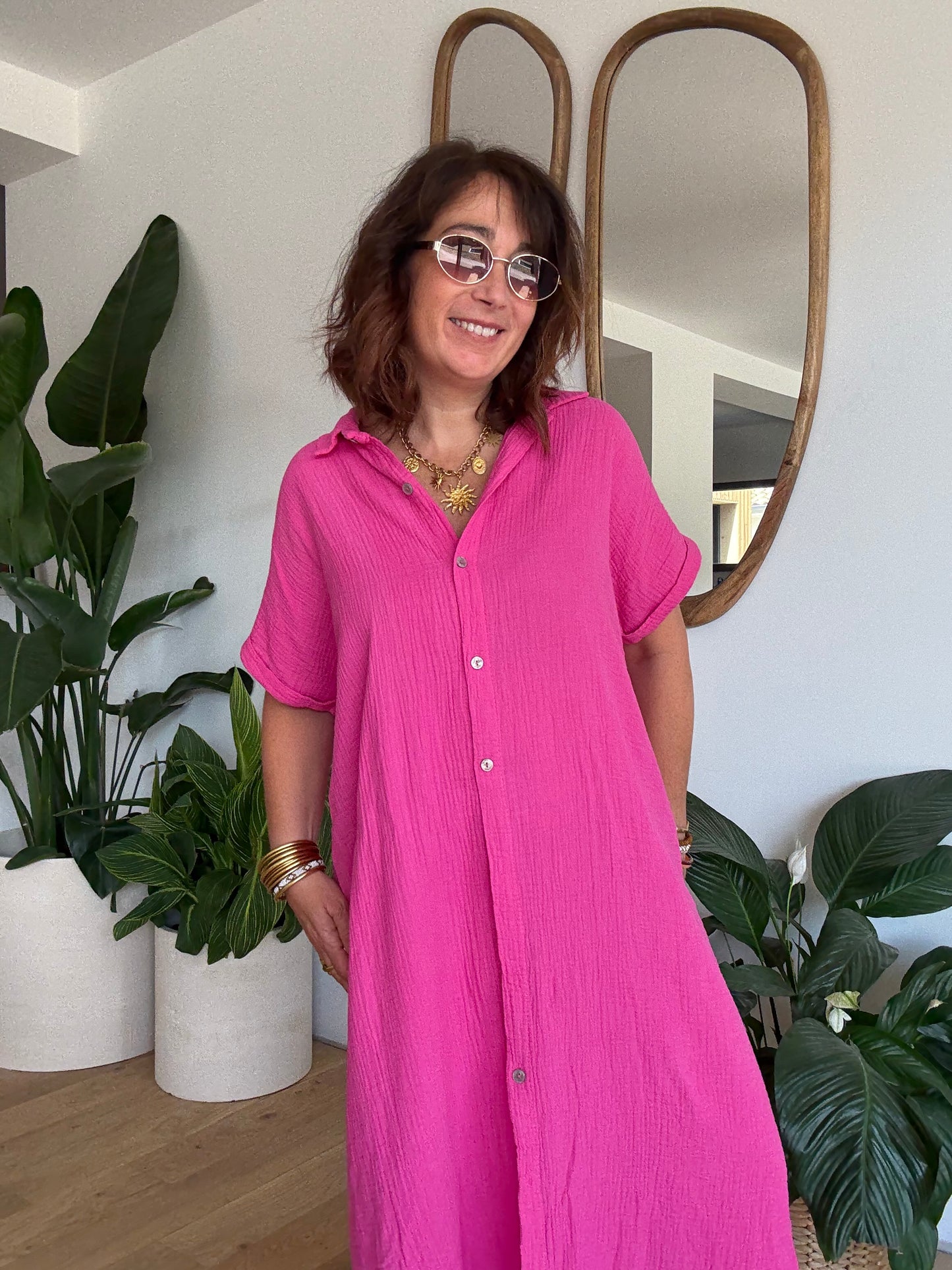 Robe chemise en gaze de coton fuchsia🩷