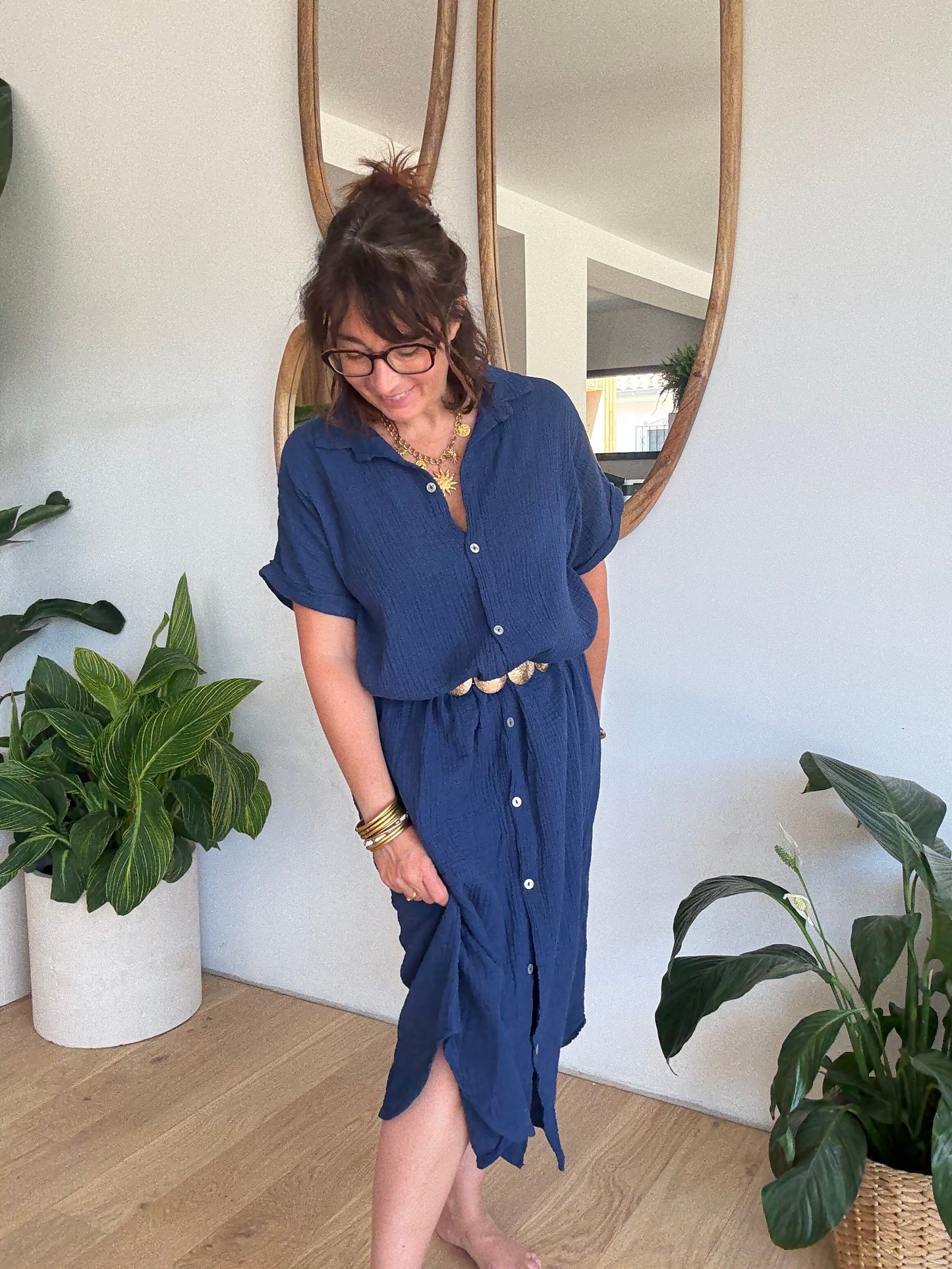 Robe chemise en gaze de coton Marine