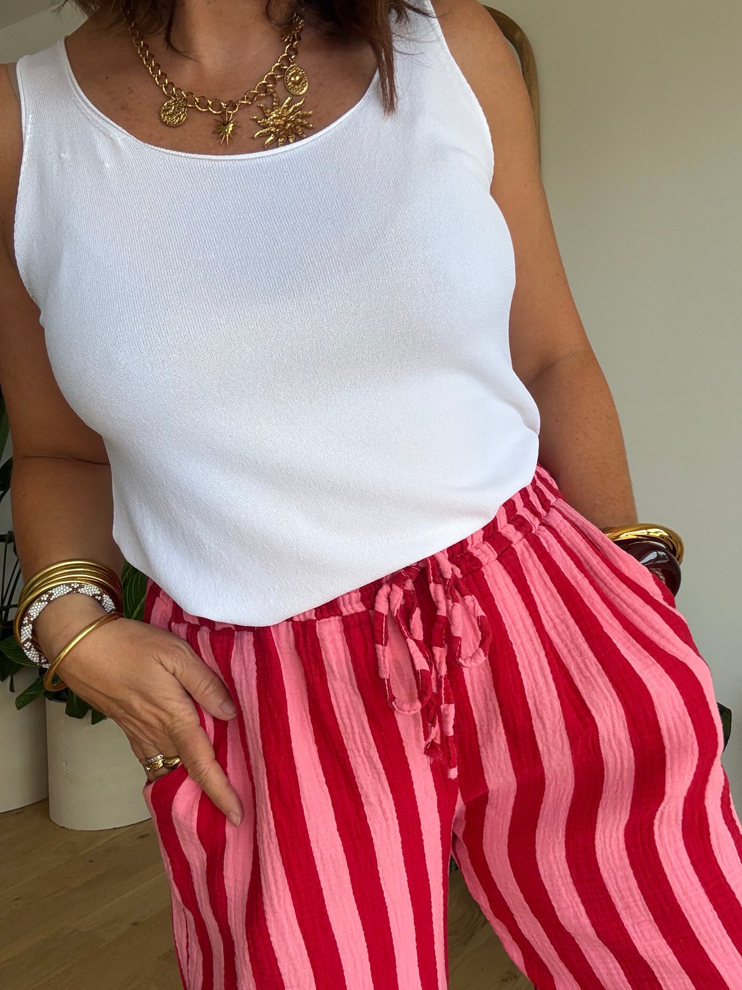 Pantalon rayé en gaze de coton rose &rouge
