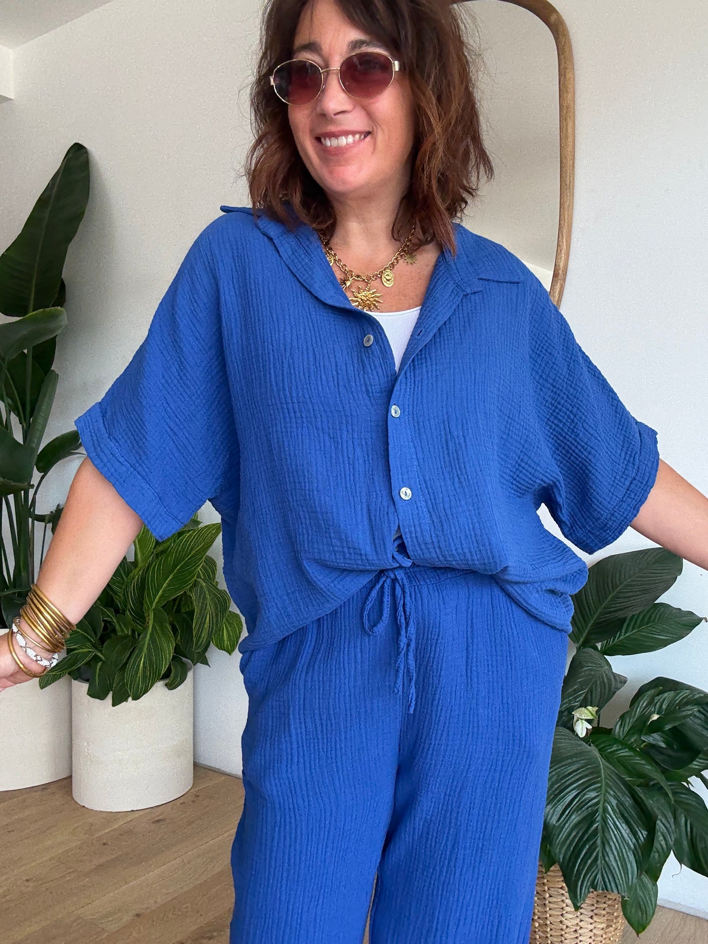 Pantalon palazzo gaze de coton bleu roi